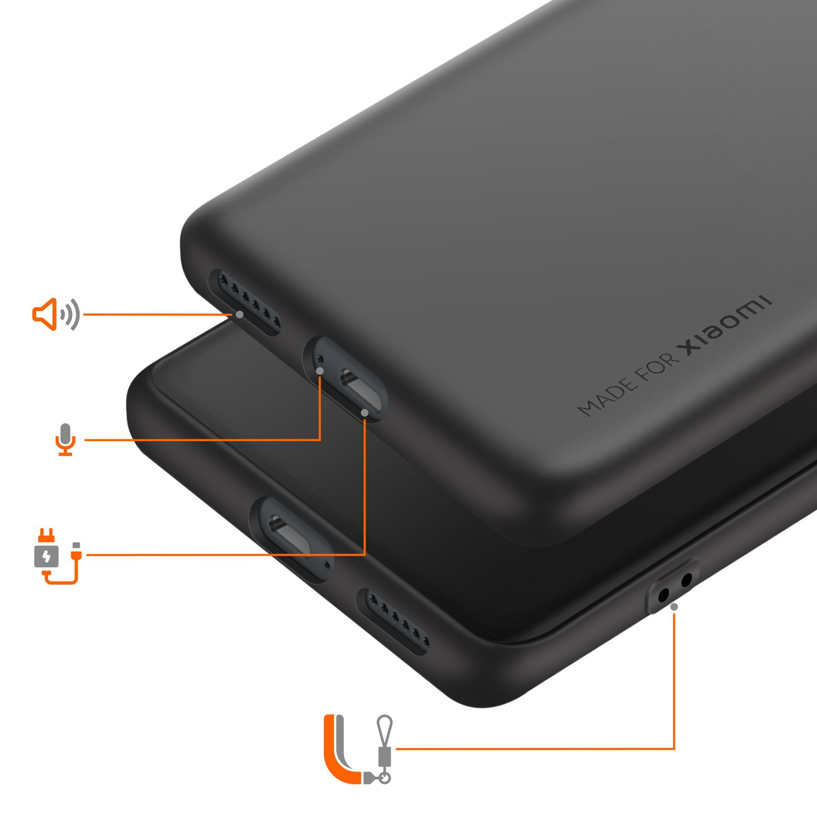 Coque de téléphone noire avec inscription « Made for Xiaomi ». Haut-parleur, micro, port de charge.