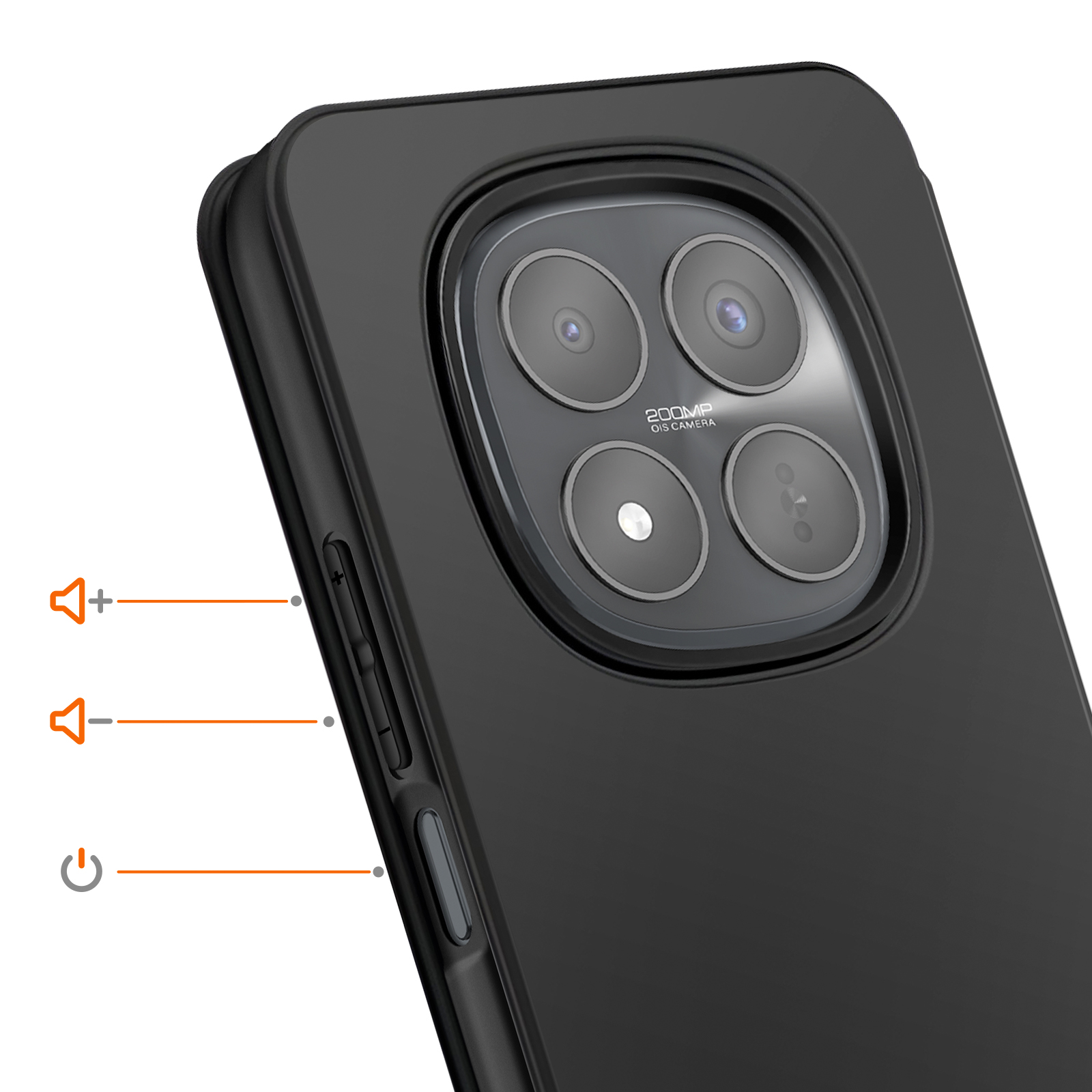 Schwarzes Handy mit 200MP Kamera, Lautstärke- und Power-Buttons.