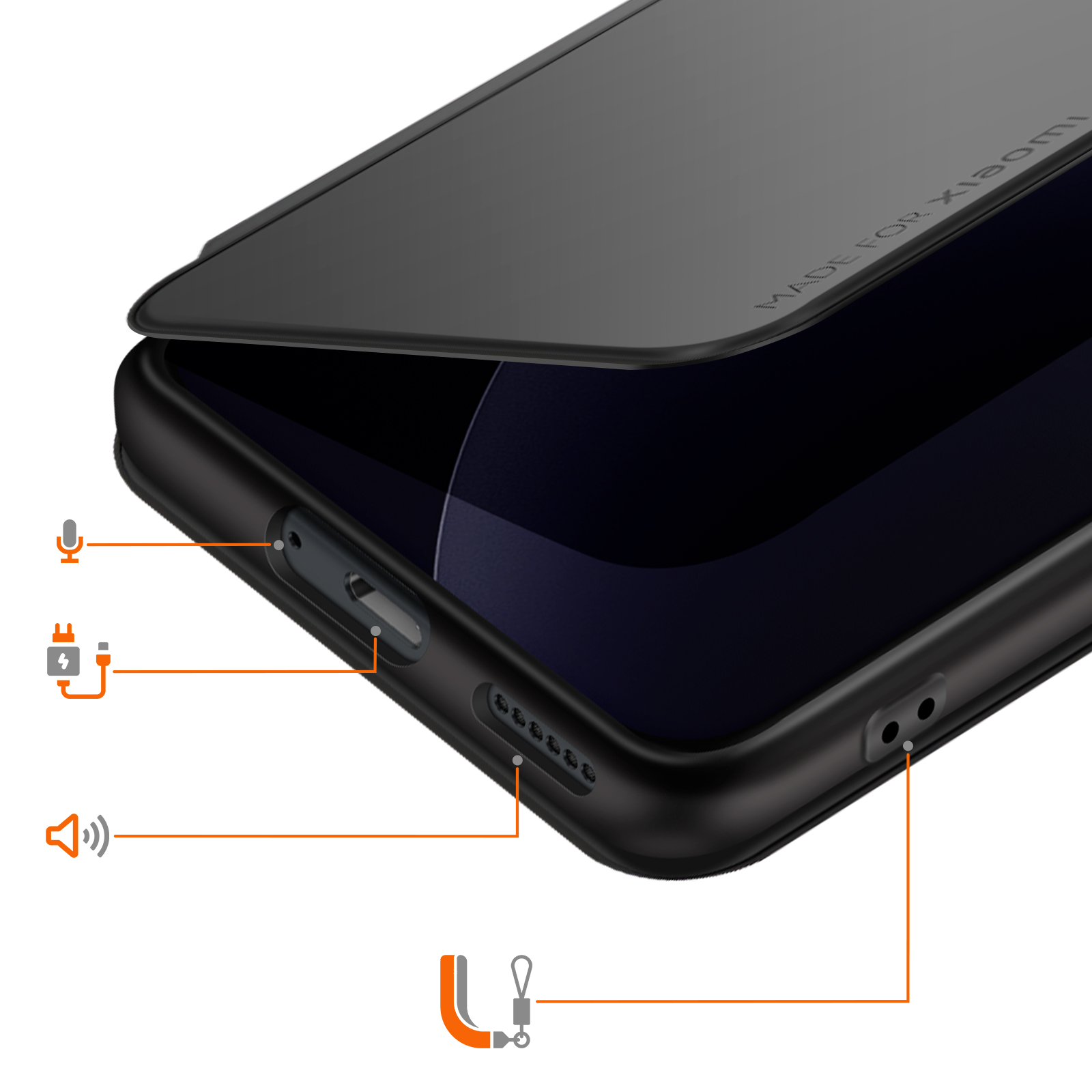 Schwarzes Smartphone mit Hinweisen auf Mikrofon, Ladeanschluss und Lautsprecher.