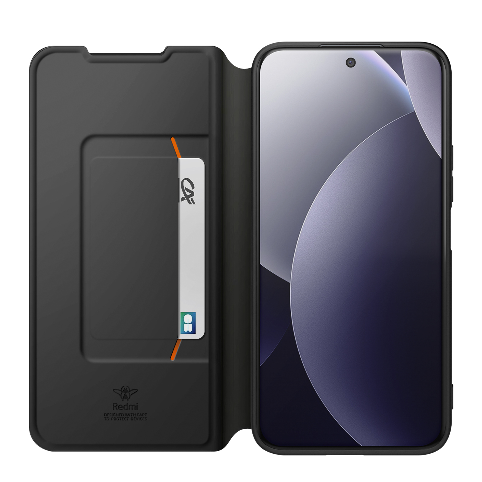 Eine schwarze Redmi-Handyhülle ist geöffnet und zeigt einen Kartenschlitz und ein Smartphone mit lila Bildschirm.