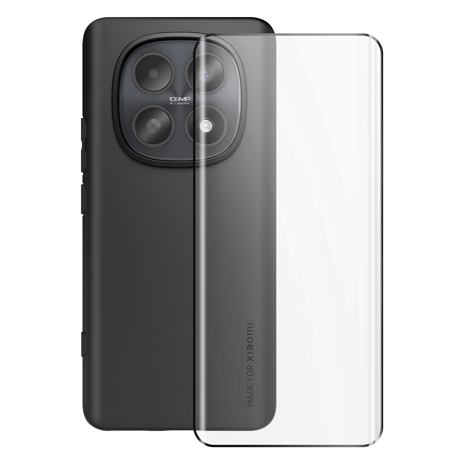 Smartphone nero con quattro fotocamere e proteggi schermo.