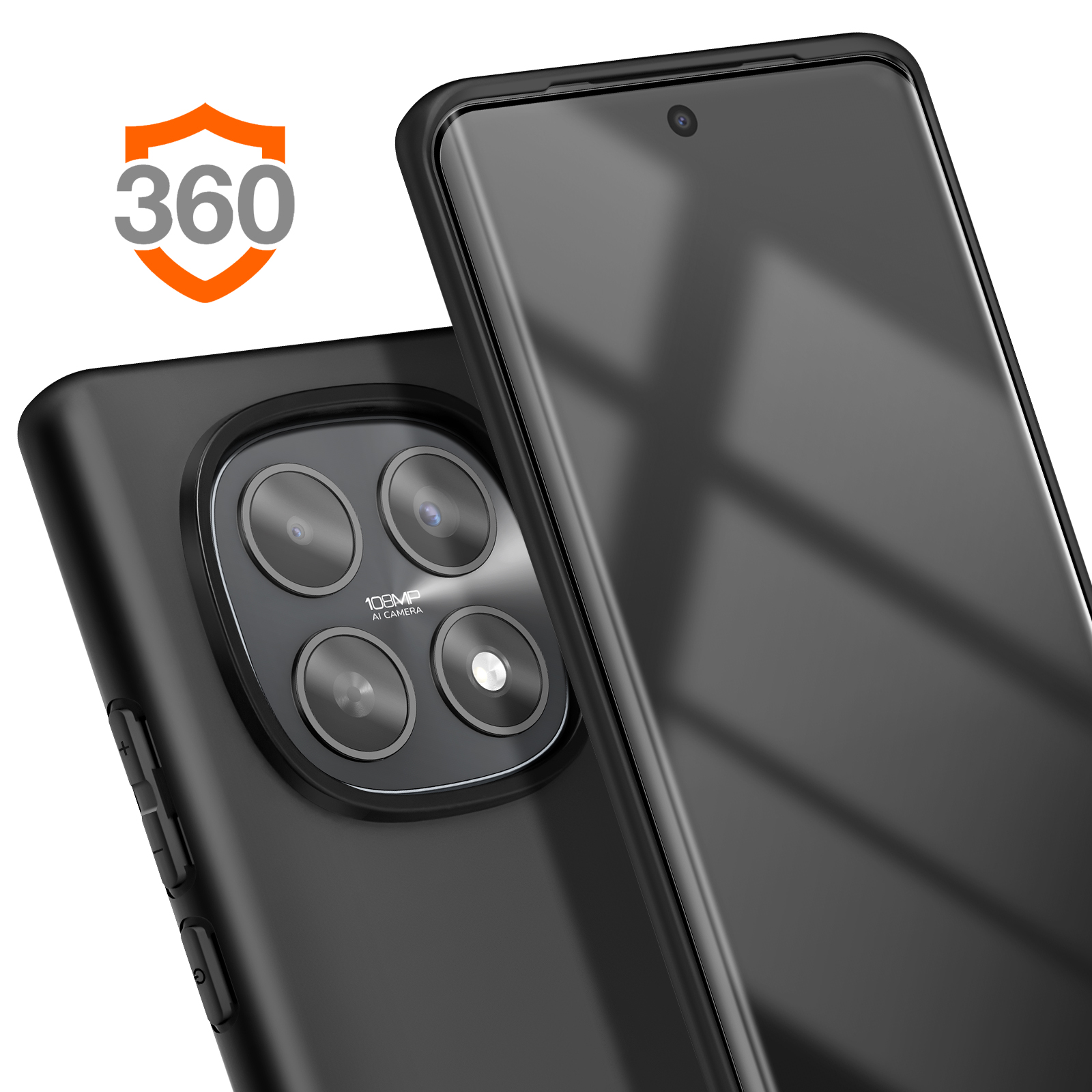 Telefono nero con logo protezione 360, quattro fotocamere e schermo.