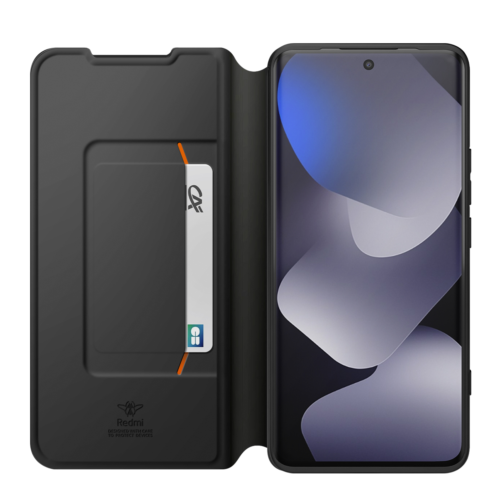 Schwarzes Handy mit offenem Flip-Case, eine Karte ist sichtbar.