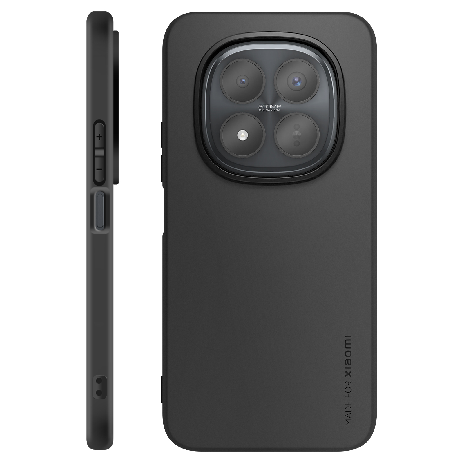 Zwart telefoonhoesje met vier camera's en volumeknoppen.