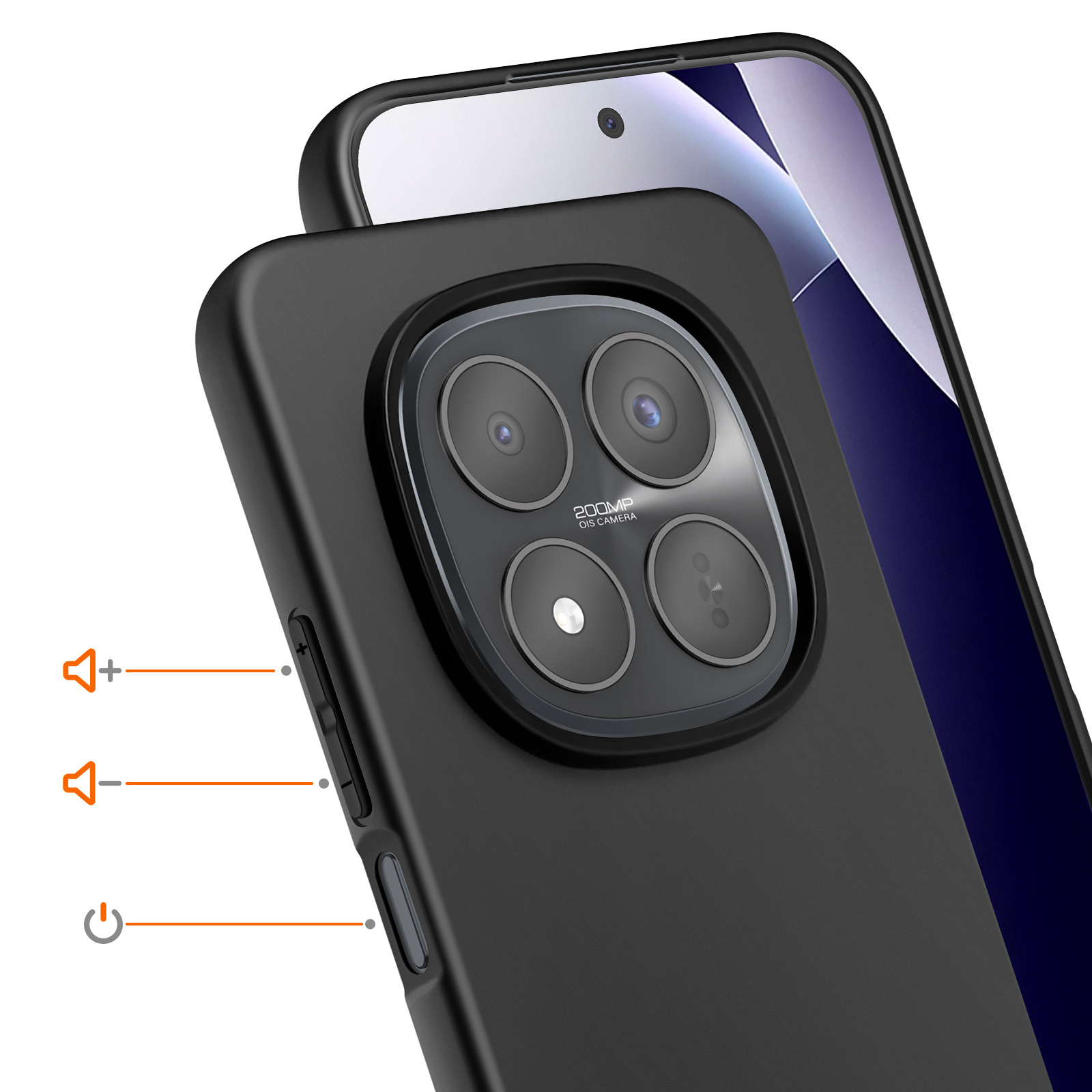 Zwarte telefoon met cameramodule en volumeknoppen.
