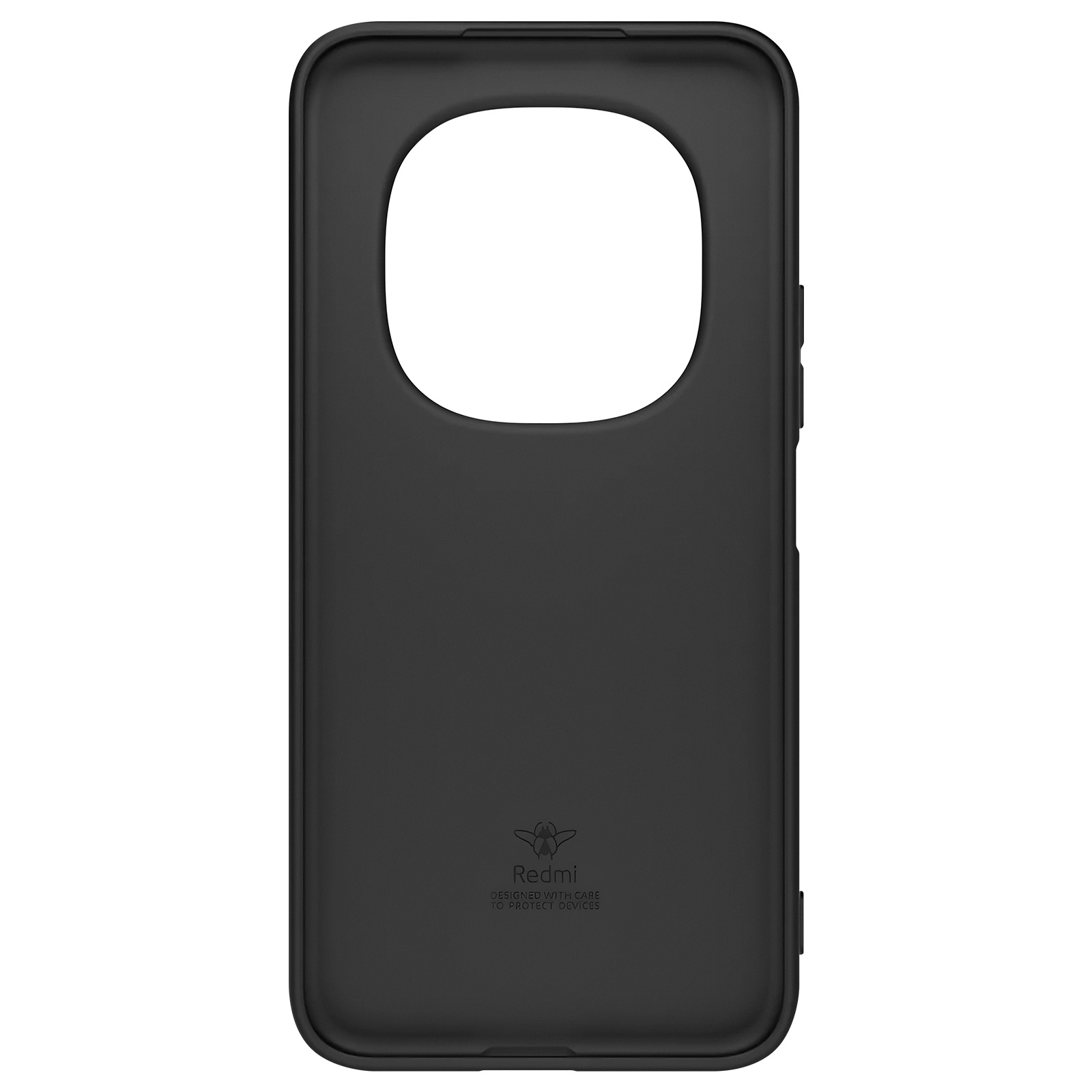 Zwarte telefoonhoes met camera-uitsparing en Redmi-logo.