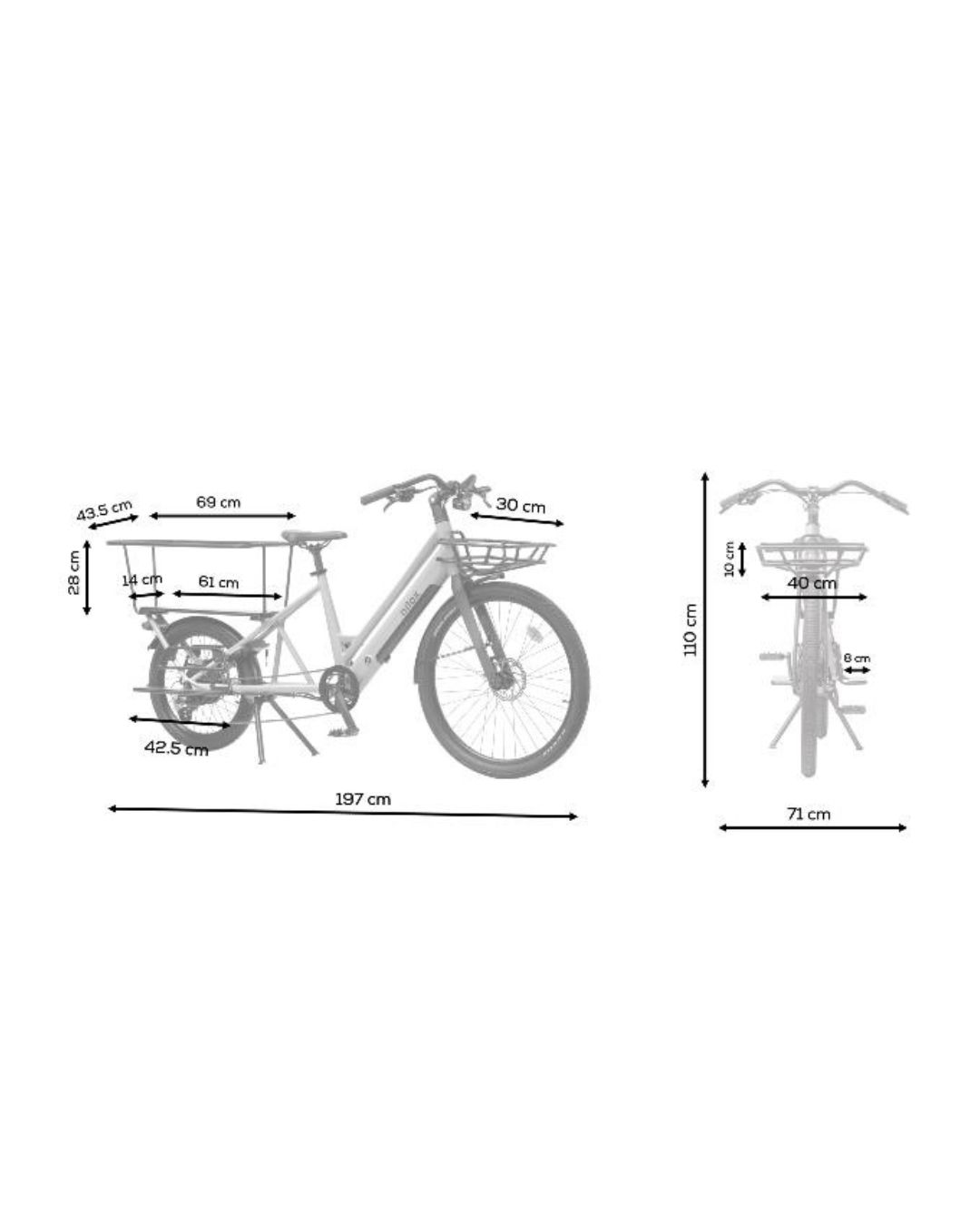 Una bicicletta cargo grigia con dimensioni è mostrata di lato e frontalmente.