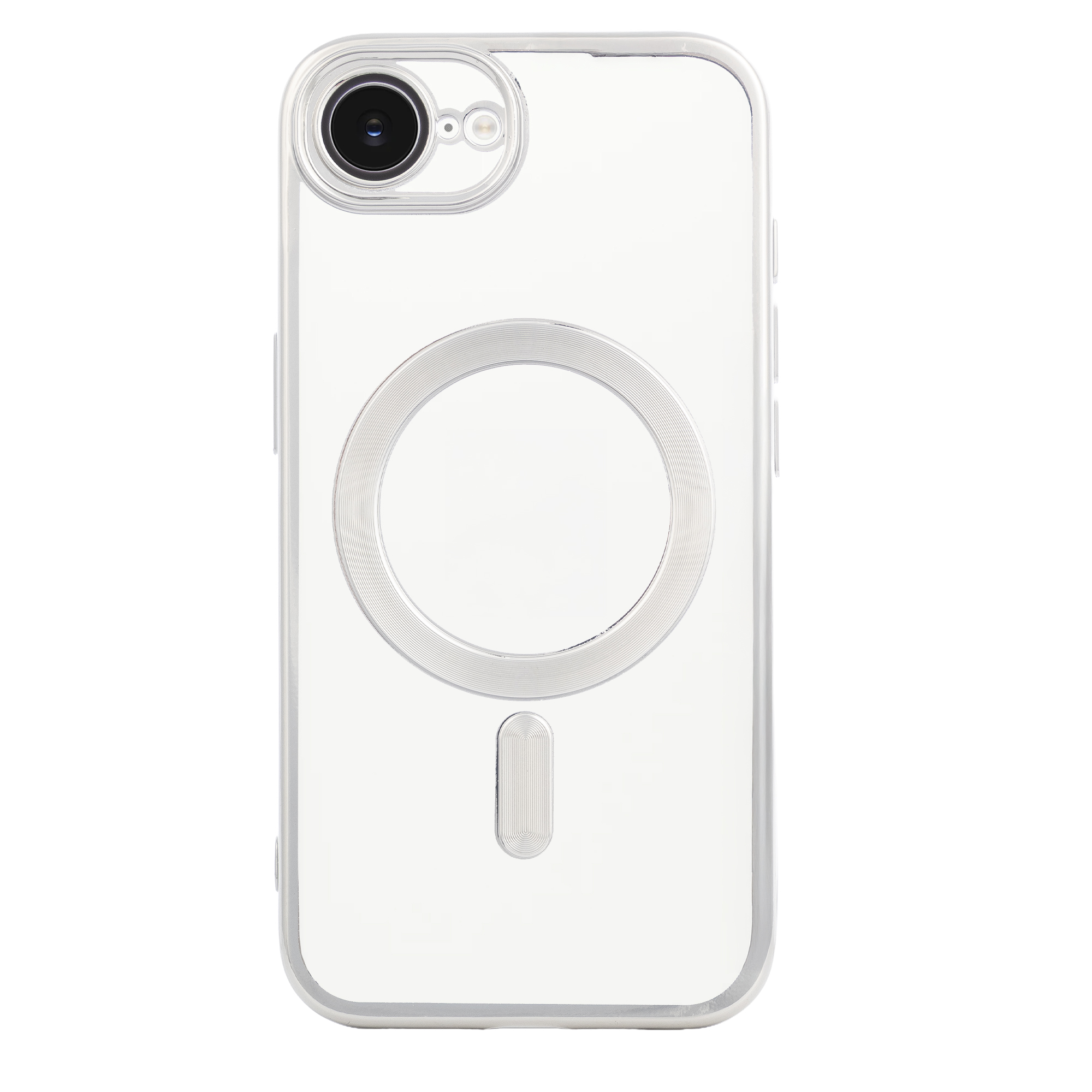 Custodia trasparente per telefono con obiettivo fotocamera, anello magnetico e porta di ricarica.