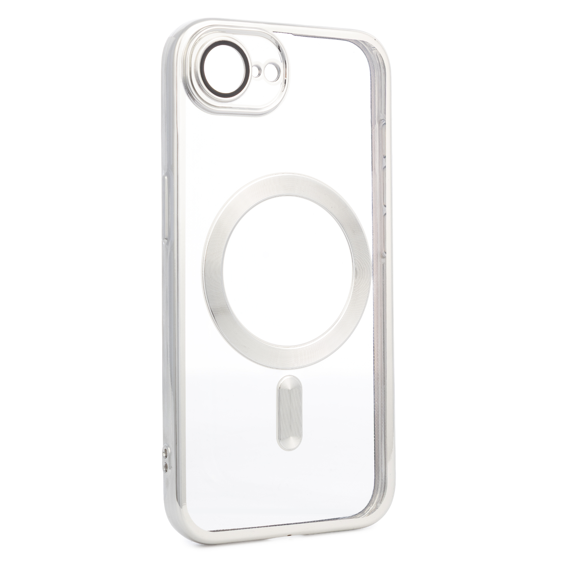 Custodia trasparente per telefono con anello MagSafe argentato e foro fotocamera.