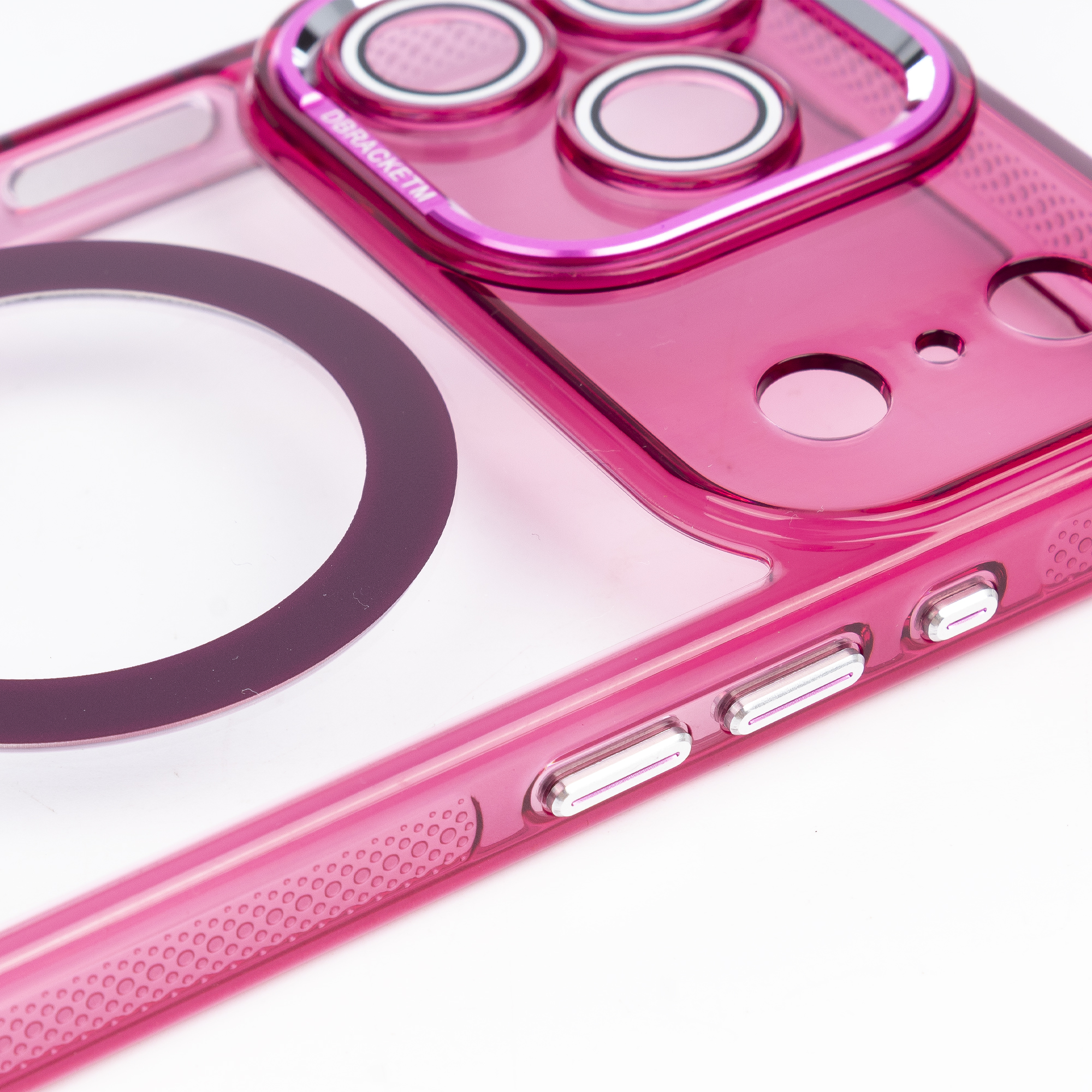 Custodia per telefono rosa traslucida con ritagli per fotocamera e anello magnetico.