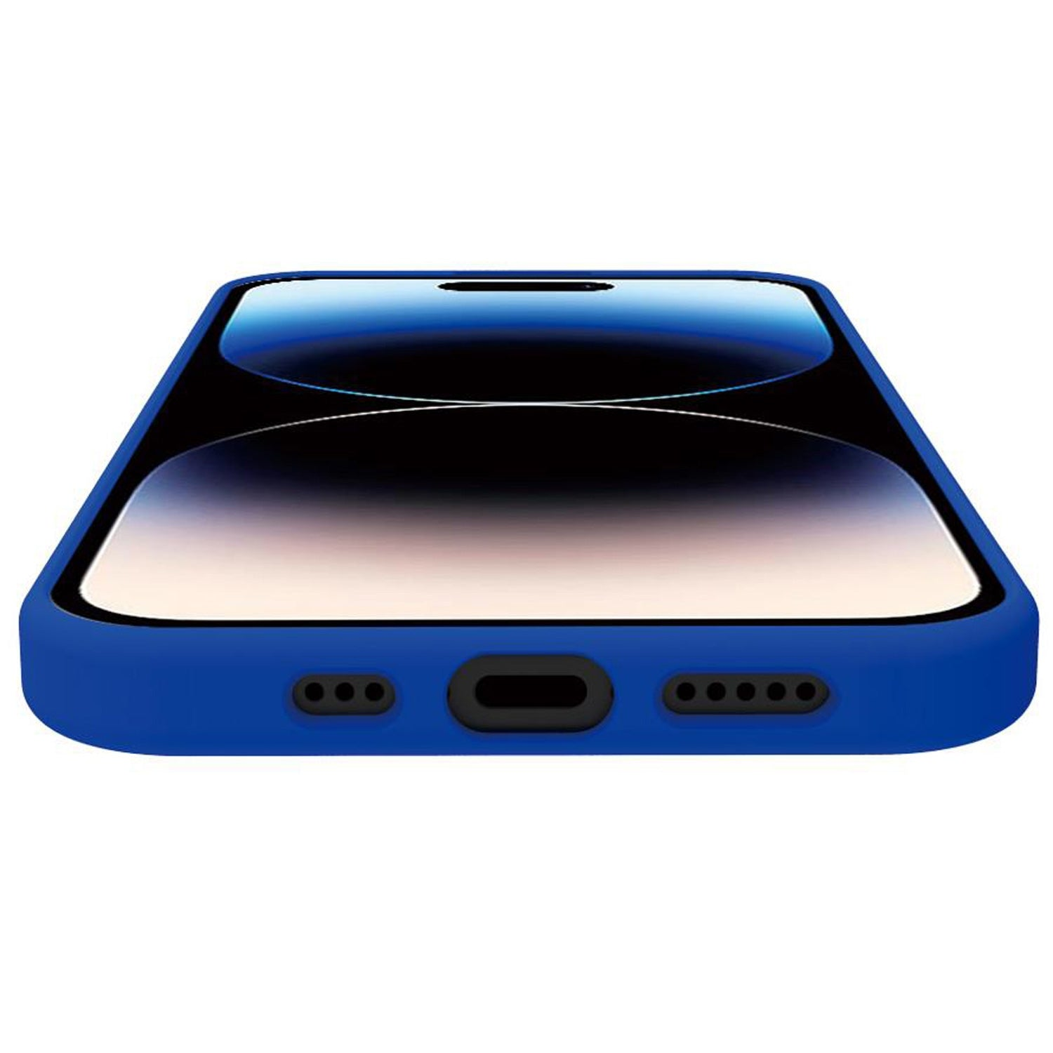 Custodia blu per telefono con porta di ricarica e fori.