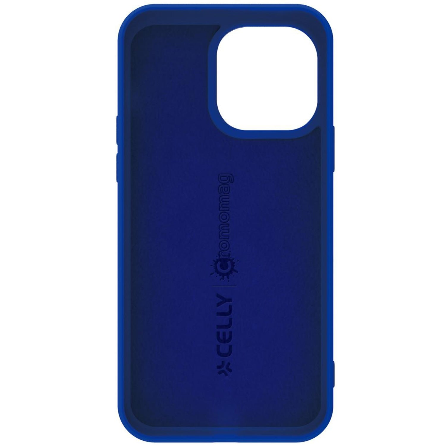 Custodia blu scuro per telefono con ritaglio fotocamera e logo.
