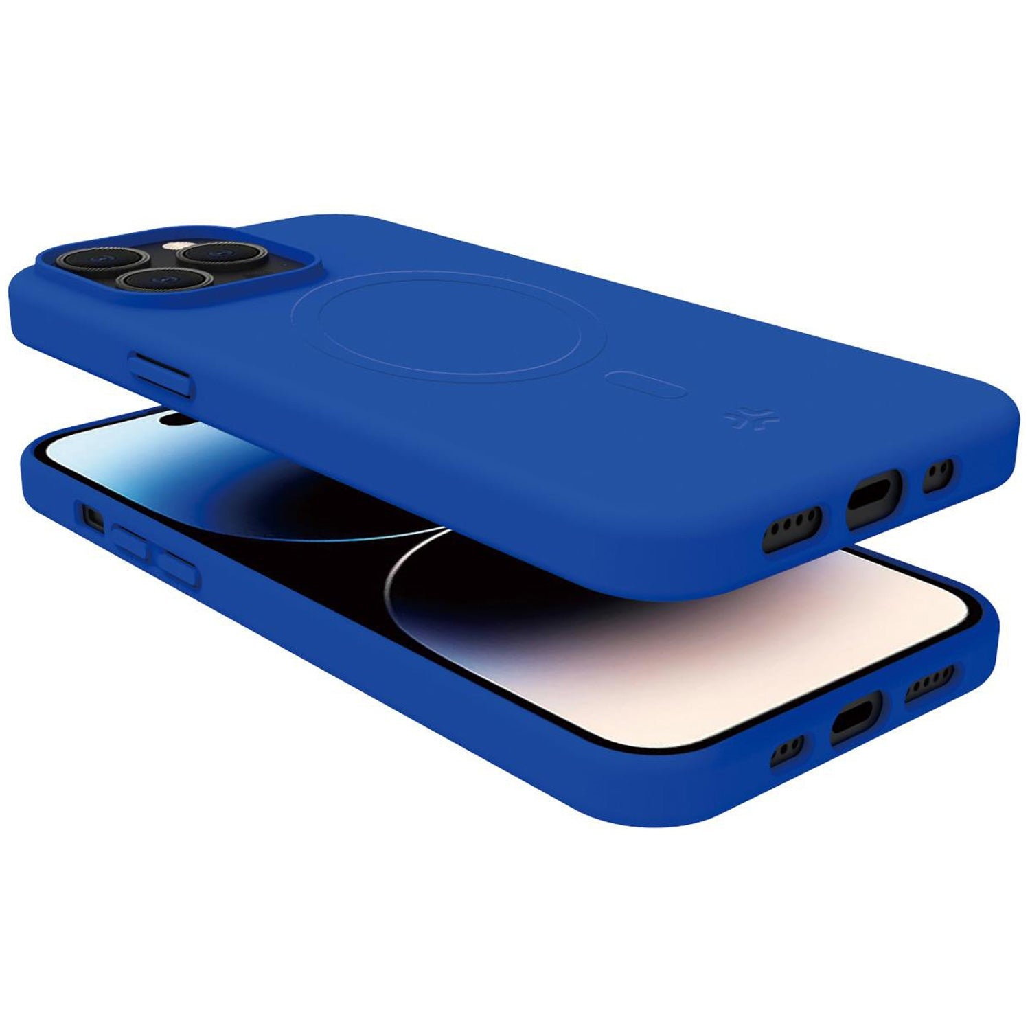 Una cover blu per telefono con anello MagSafe su sfondo bianco.
