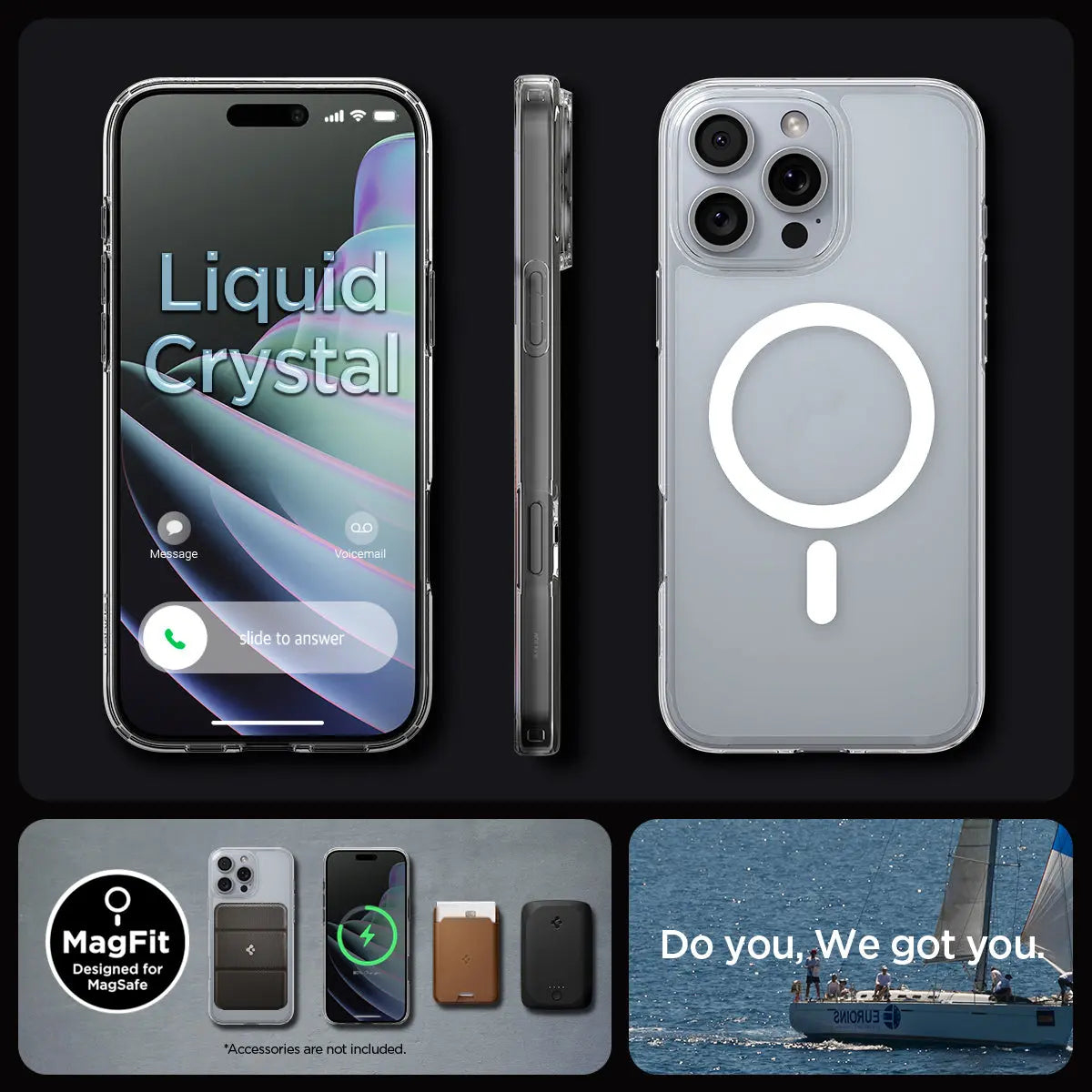 Custodia trasparente, viste iPhone, accessori MagFit e barca a vela.