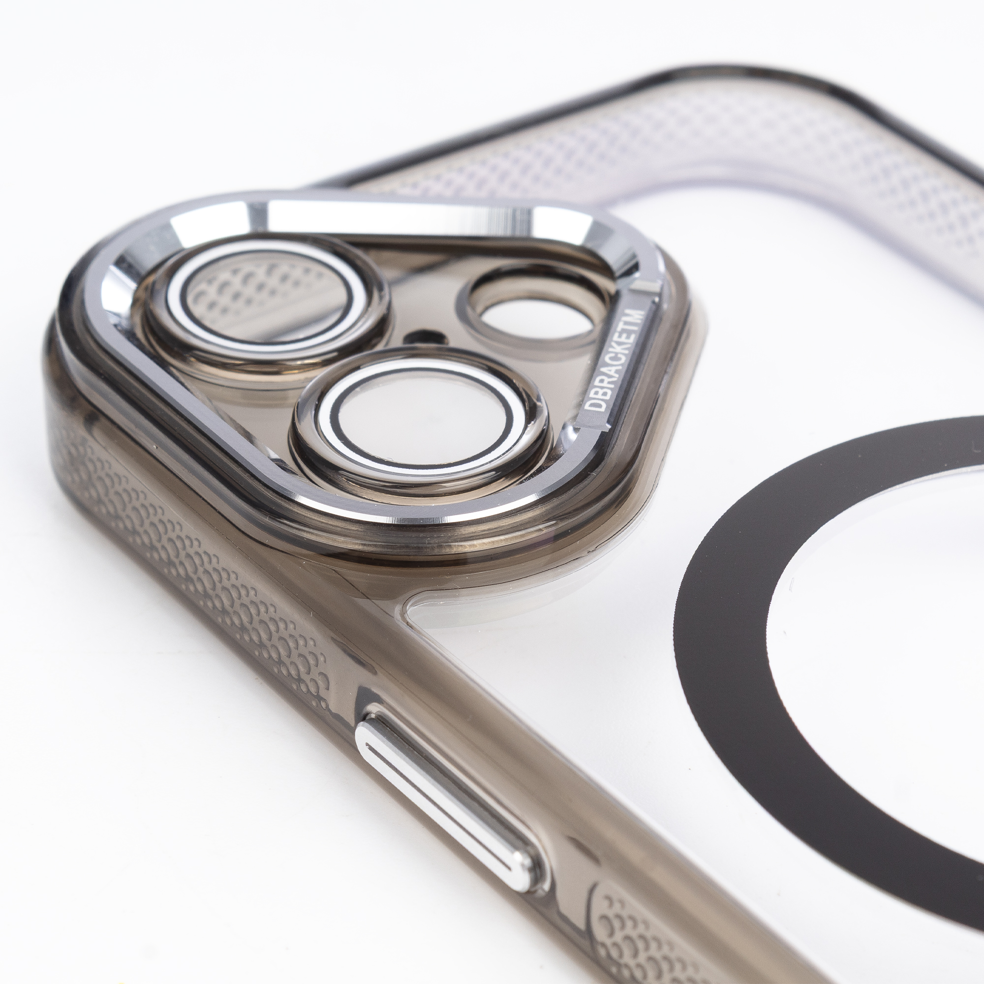 Custodia trasparente per telefono con cornice fotocamera argento.