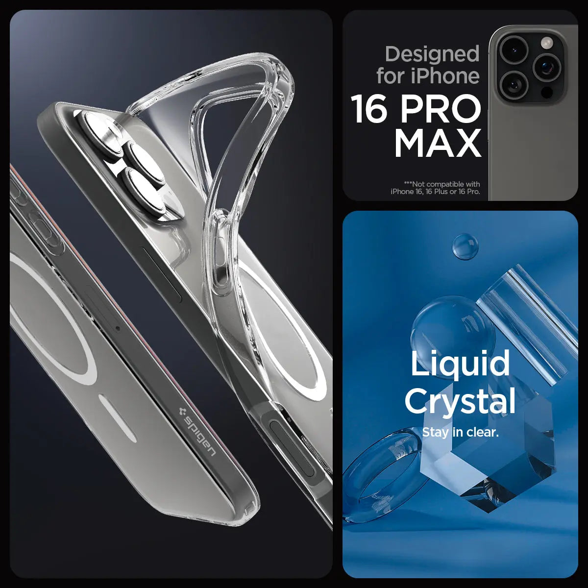 Custodia trasparente iPhone 16 Pro Max con dettaglio fotocamera e gocce.