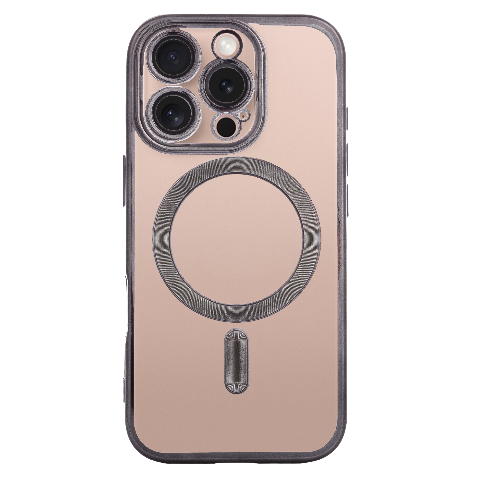 Una cover per telefono oro rosa con bordo nero e modulo fotocamera.