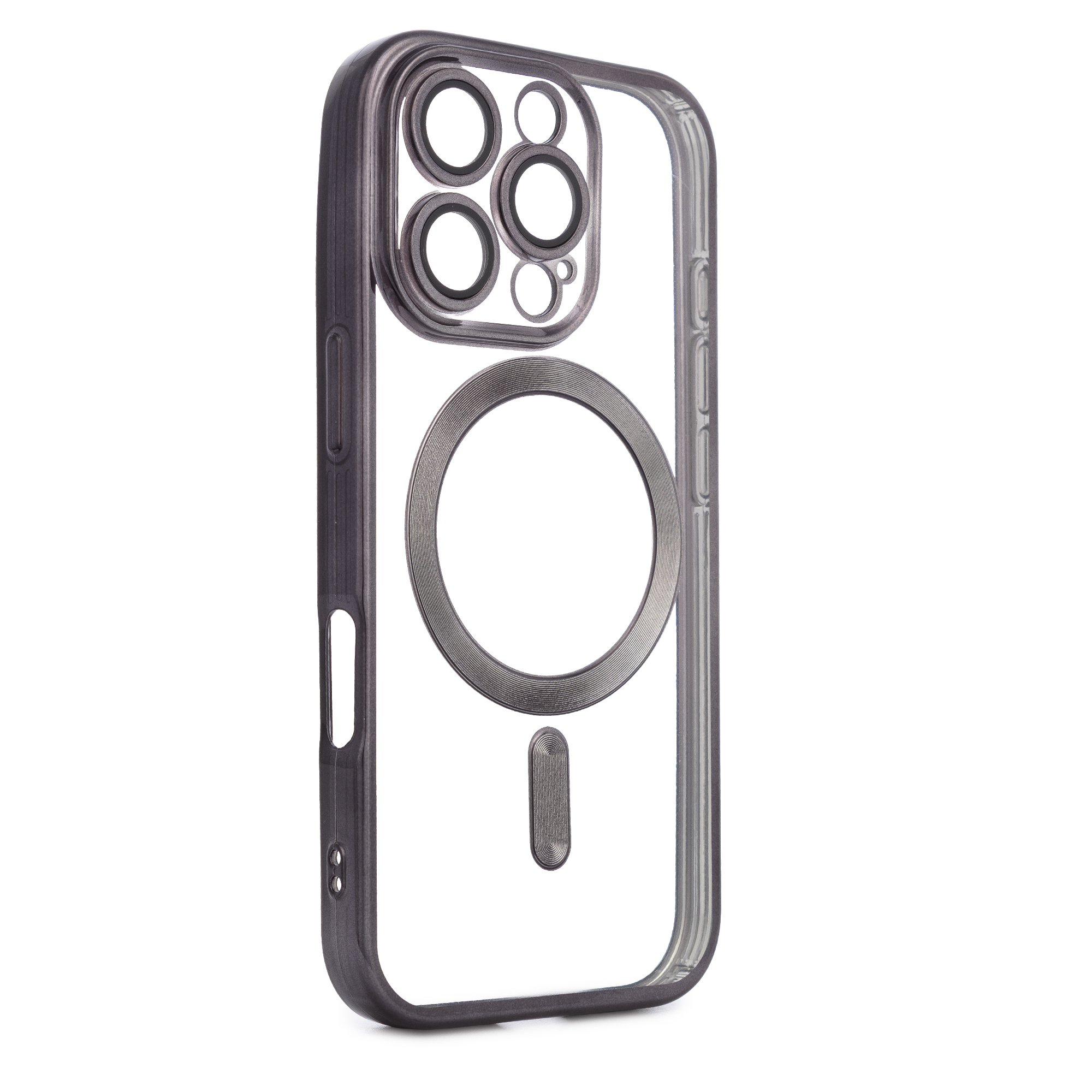 Custodia trasparente per telefono con cornice scura, ritagli per fotocamera e anello magnetico.