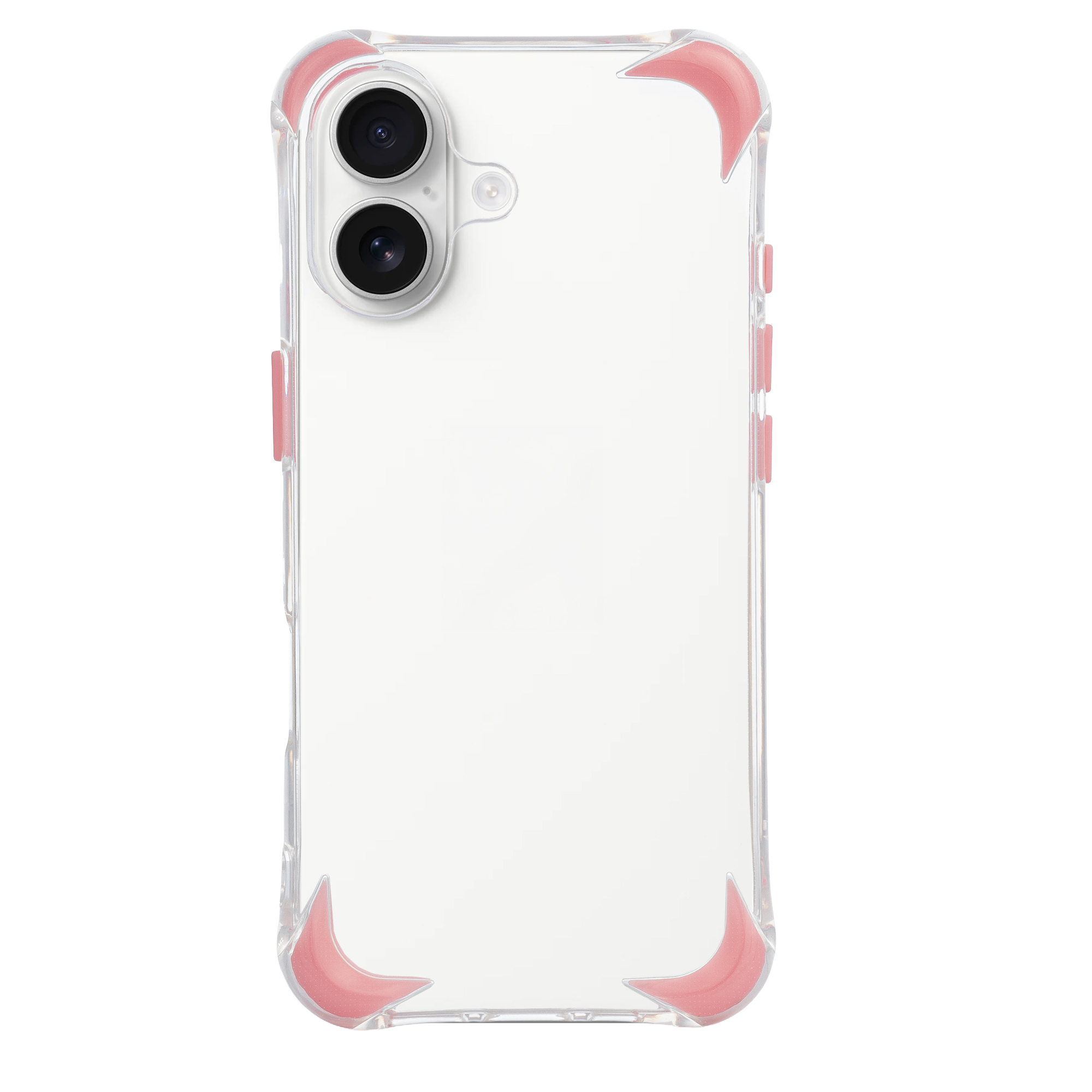 Custodia trasparente per telefono con accenti rosa e doppia fotocamera.