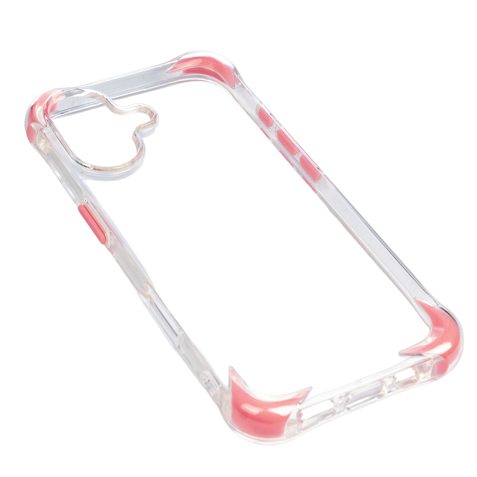 Custodia trasparente con accenti rosa, isolata su bianco.