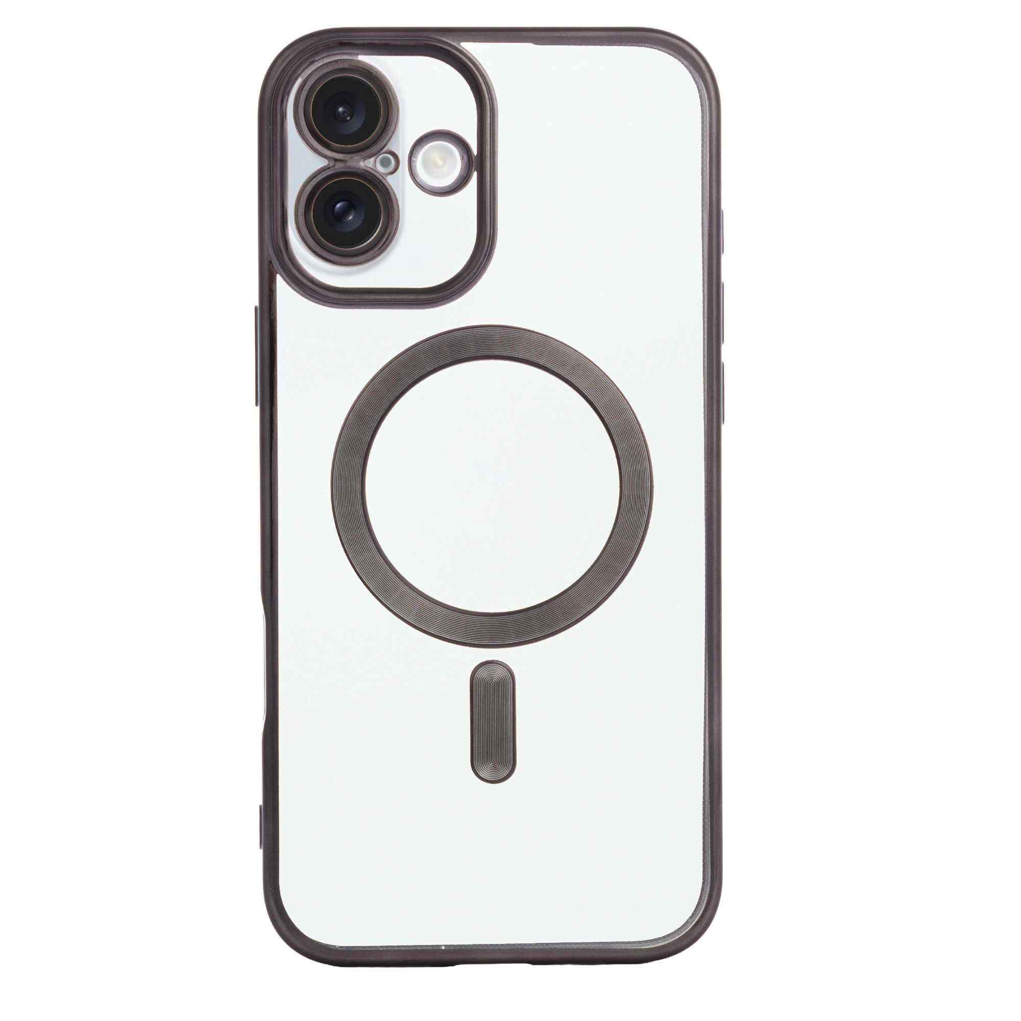 Custodia trasparente con bordo scuro, modulo fotocamera e anello magnetico.