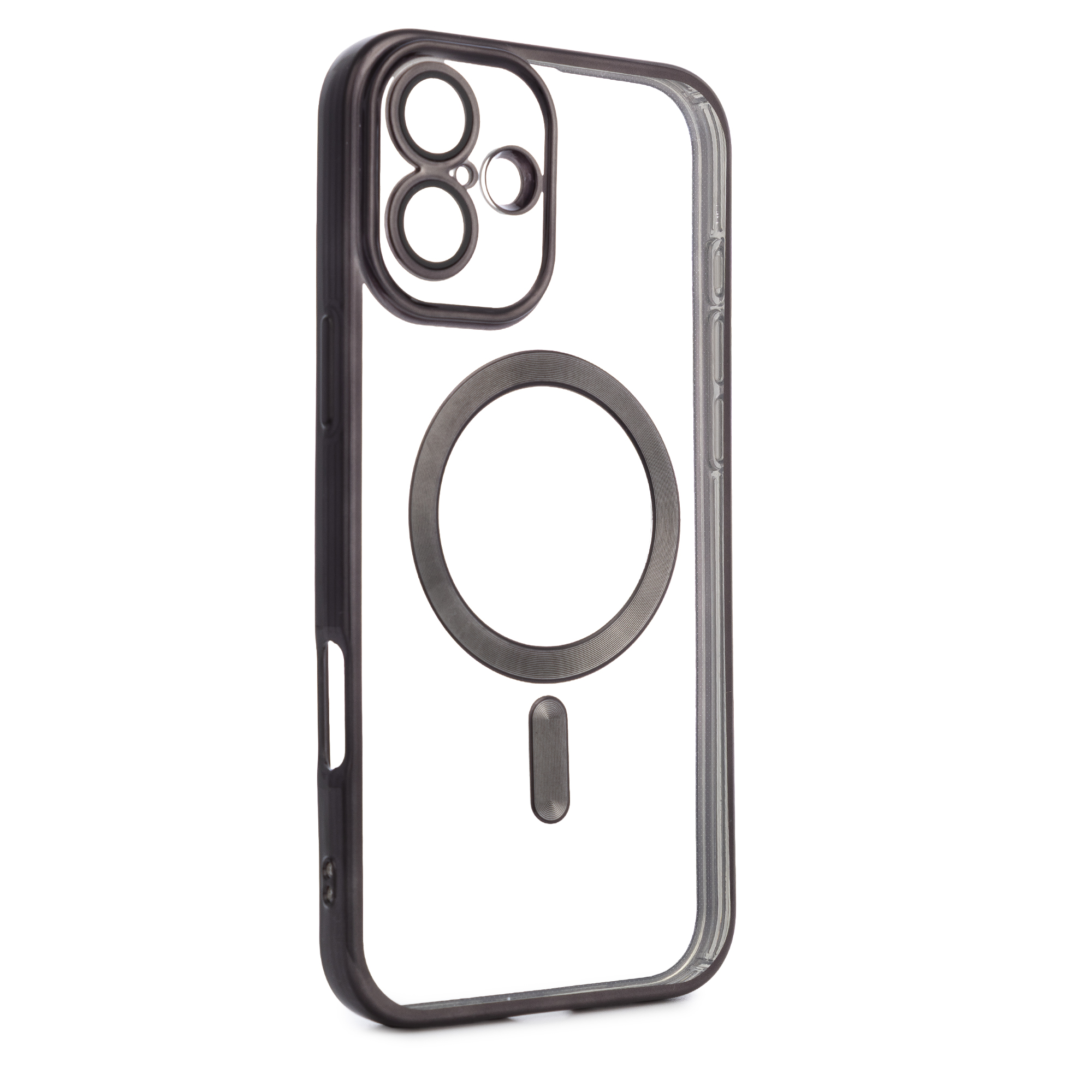 Custodia trasparente per telefono con cornice scura, foro per fotocamera e anello magnetico.