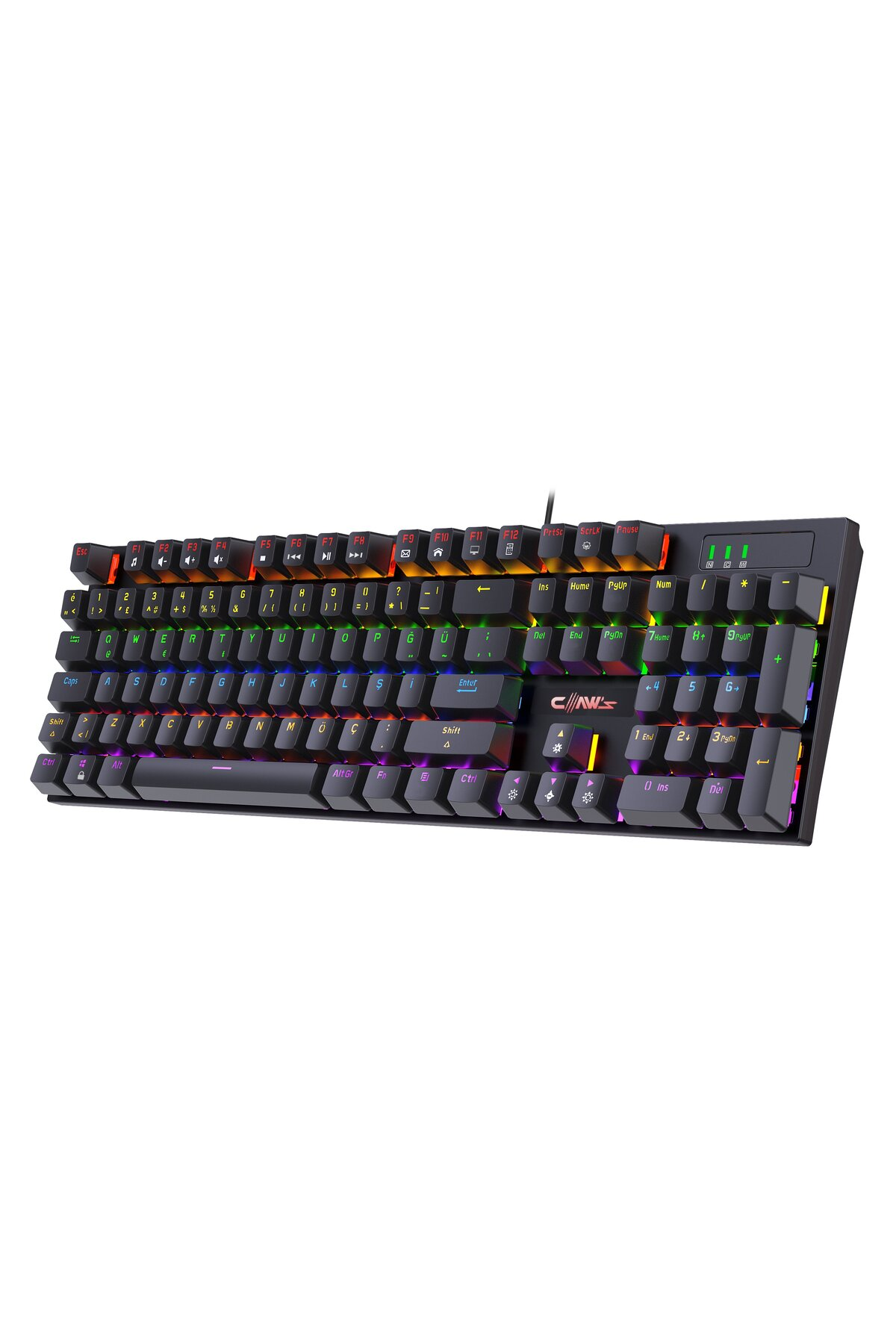 RGB aydınlatmalı ve turkuaz tuş başlıklarına sahip siyah klavye.