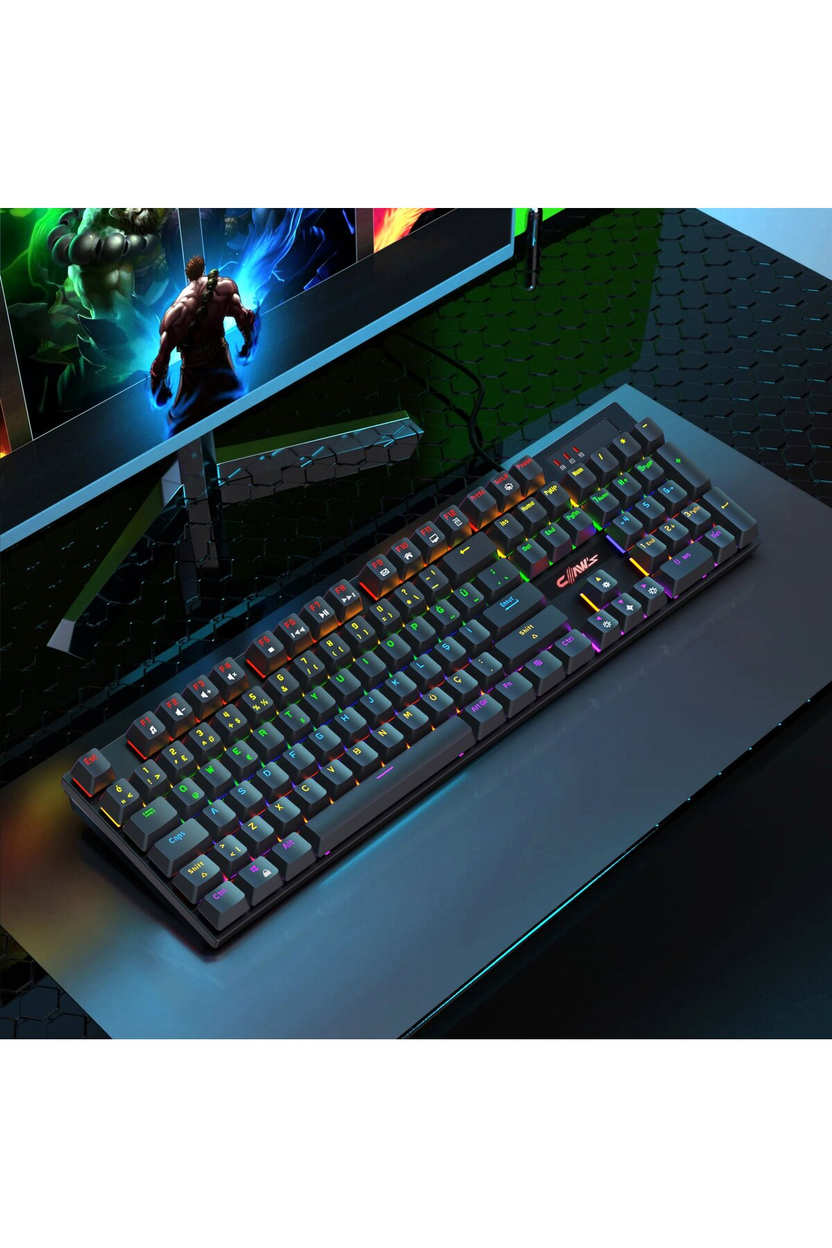 Masa üzerinde renkli RGB arka aydınlatmalı siyah bir klavye.