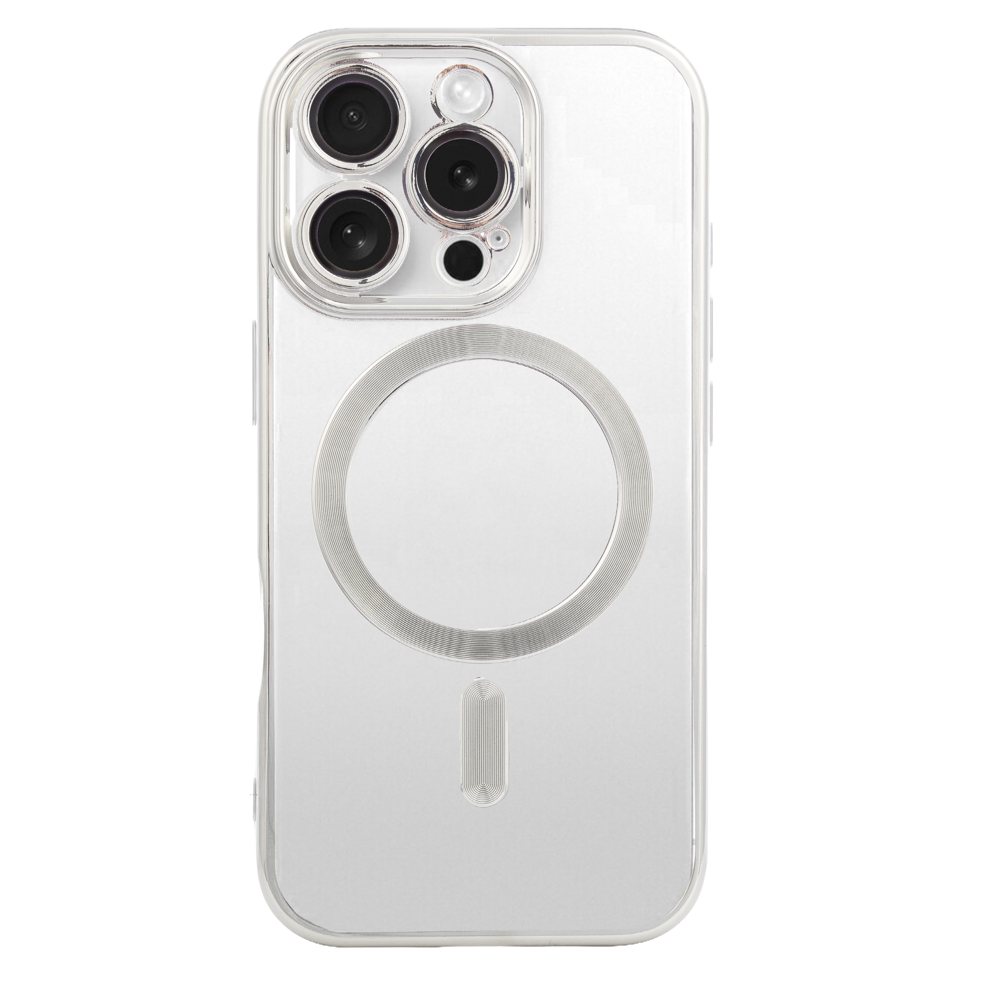 Una custodia trasparente per telefono con tre fotocamere e un motivo circolare.