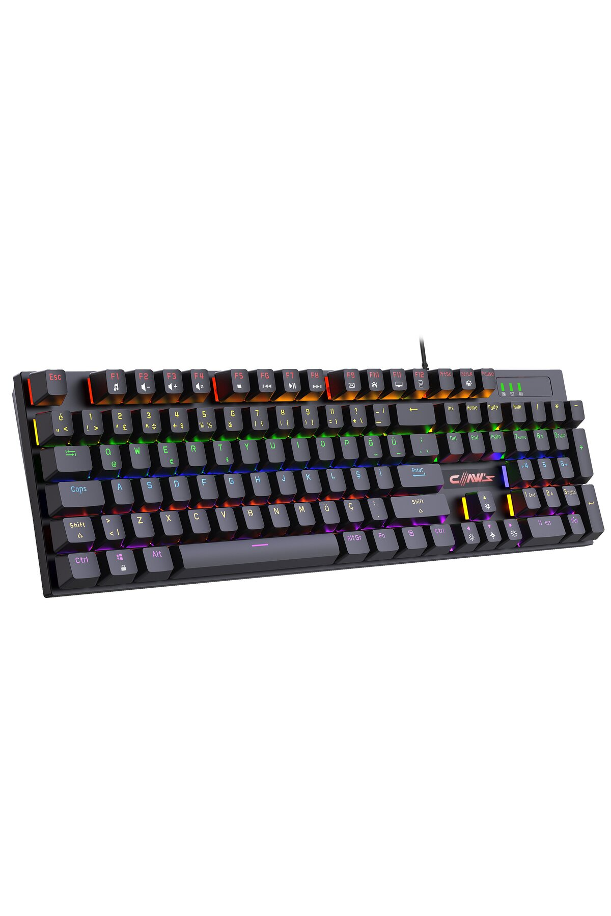 RGB aydınlatmalı ve siyah tuş başlıklarına sahip siyah mekanik klavye.