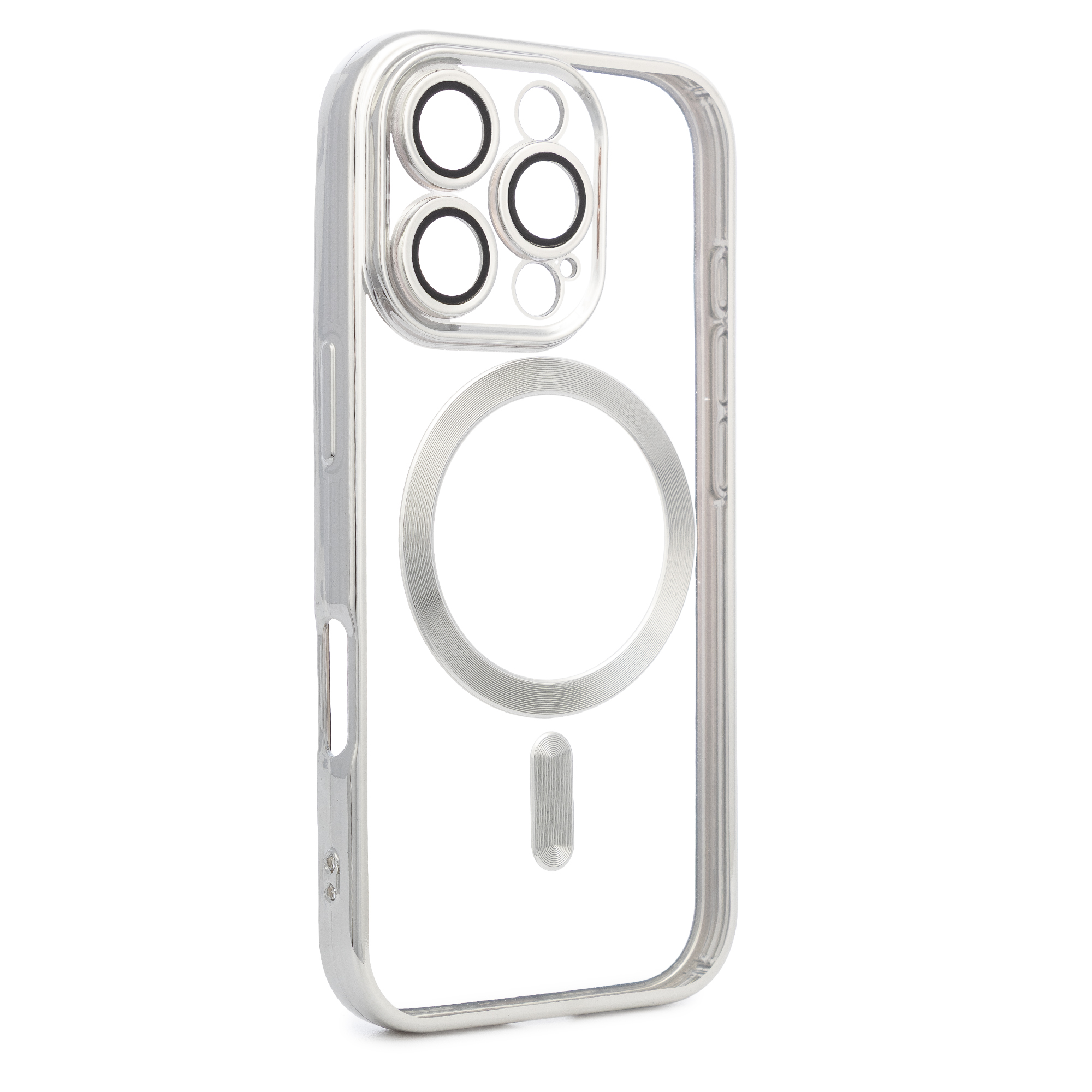 Custodia trasparente per telefono con ritagli per fotocamera e anello magnetico.