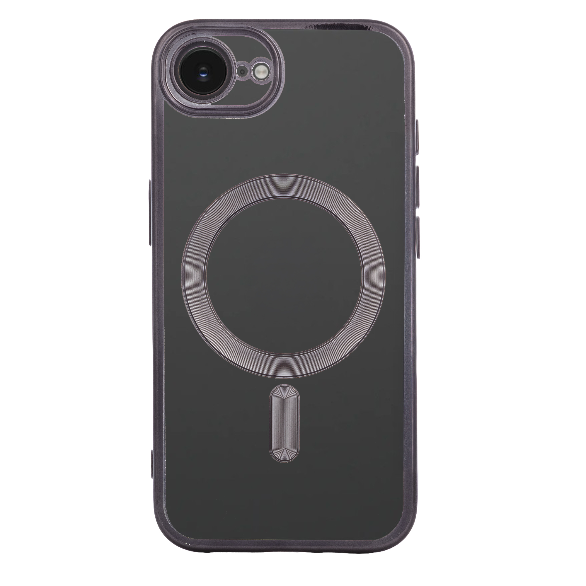Custodia nera per iPhone con anello MagSafe e ritaglio fotocamera.