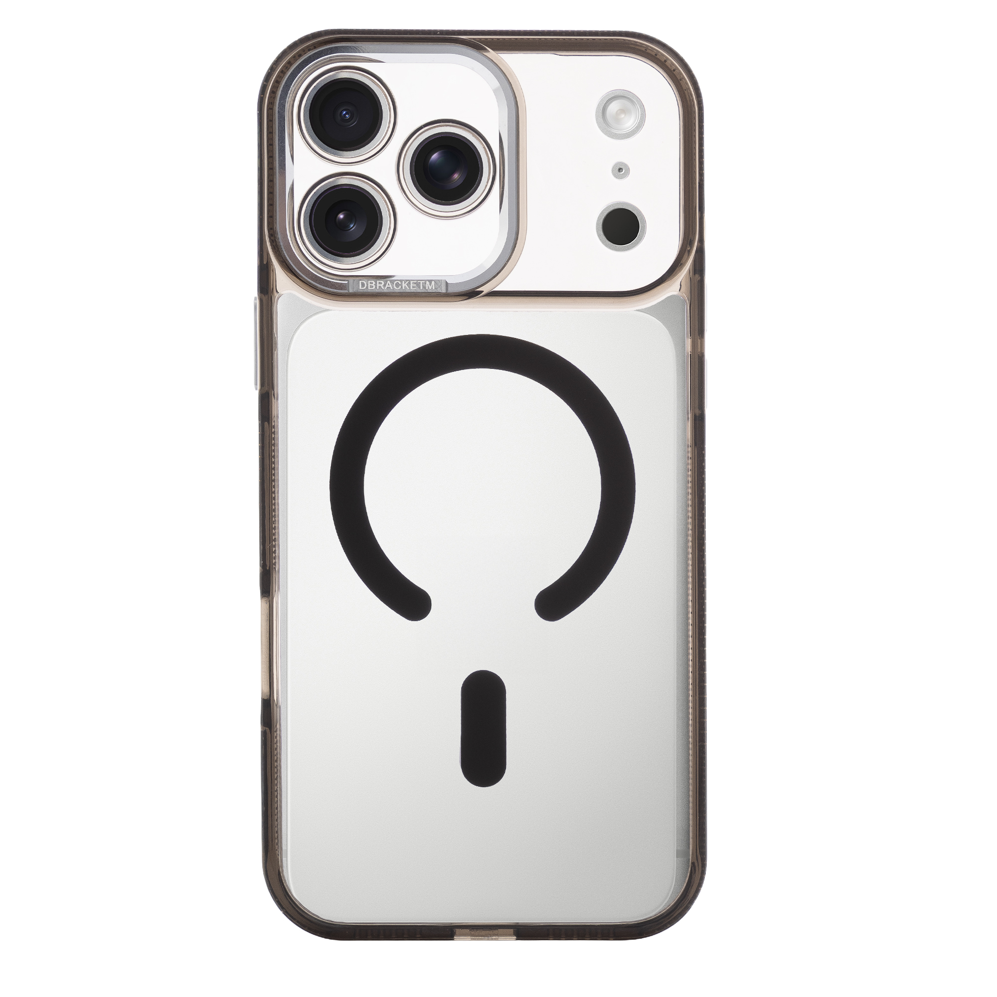 Custodia trasparente per telefono con tre obiettivi della fotocamera e motivo circolare nero.