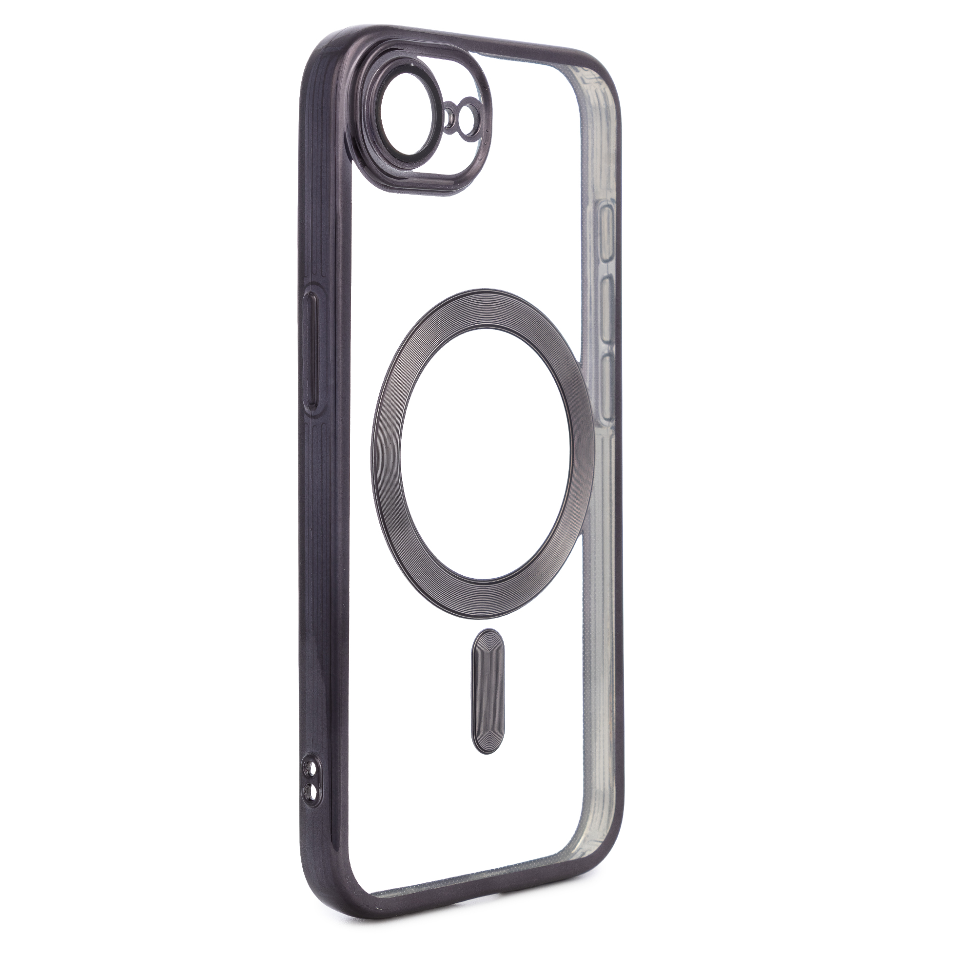 Custodia trasparente per telefono con bordo scuro e anello magnetico circolare.