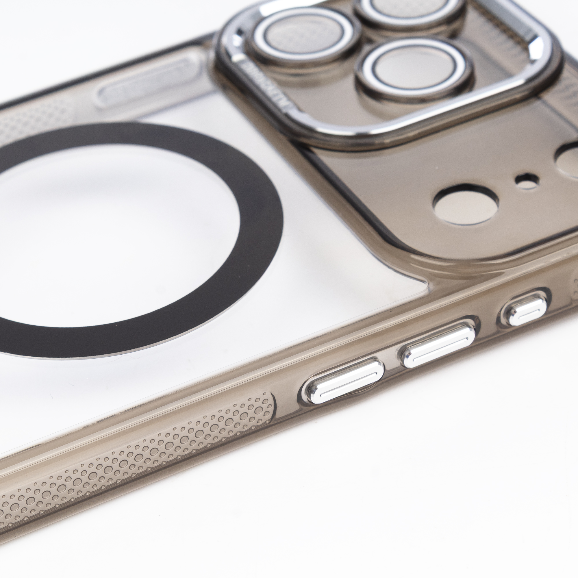 Custodia trasparente per telefono con cerchi neri e area fotocamera.
