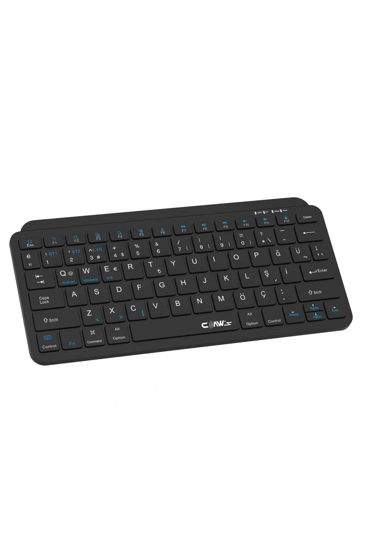 Türkçe tuş etiketli siyah, kompakt Bluetooth klavye düzeni.