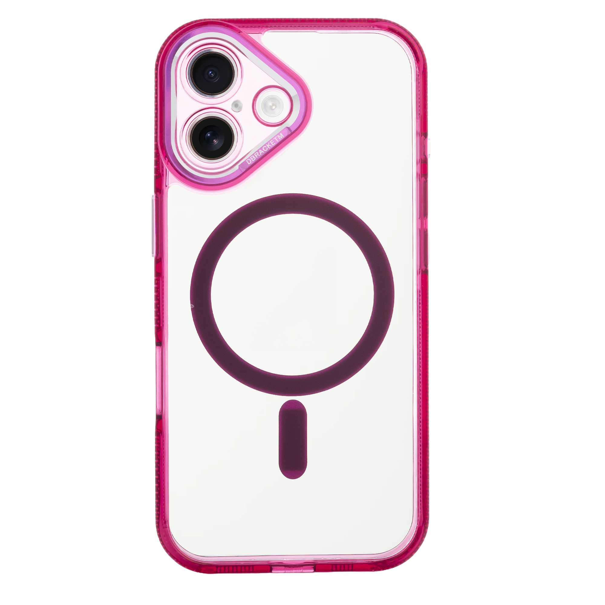 Custodia trasparente con bordo rosa, fotocamera e anello magnetico.