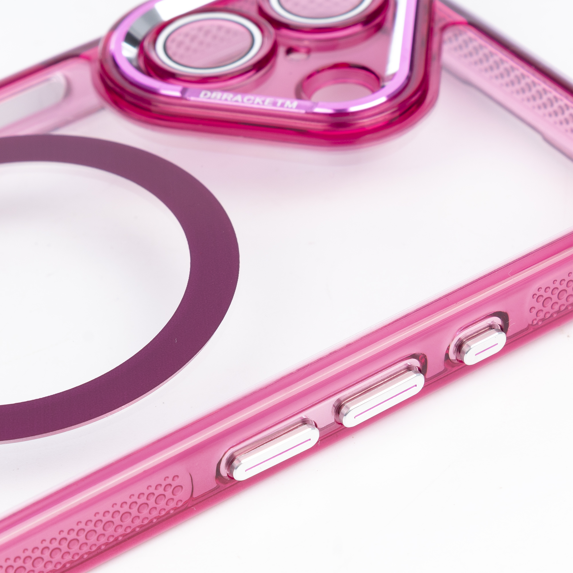 Custodia rosa trasparente per telefono con alloggiamento fotocamera e pulsanti.