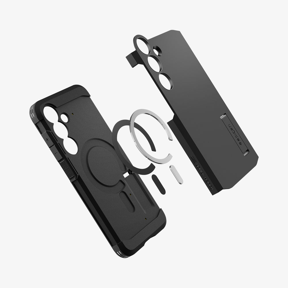 Custodia nera per telefono con anello e cavalletto rimovibili.