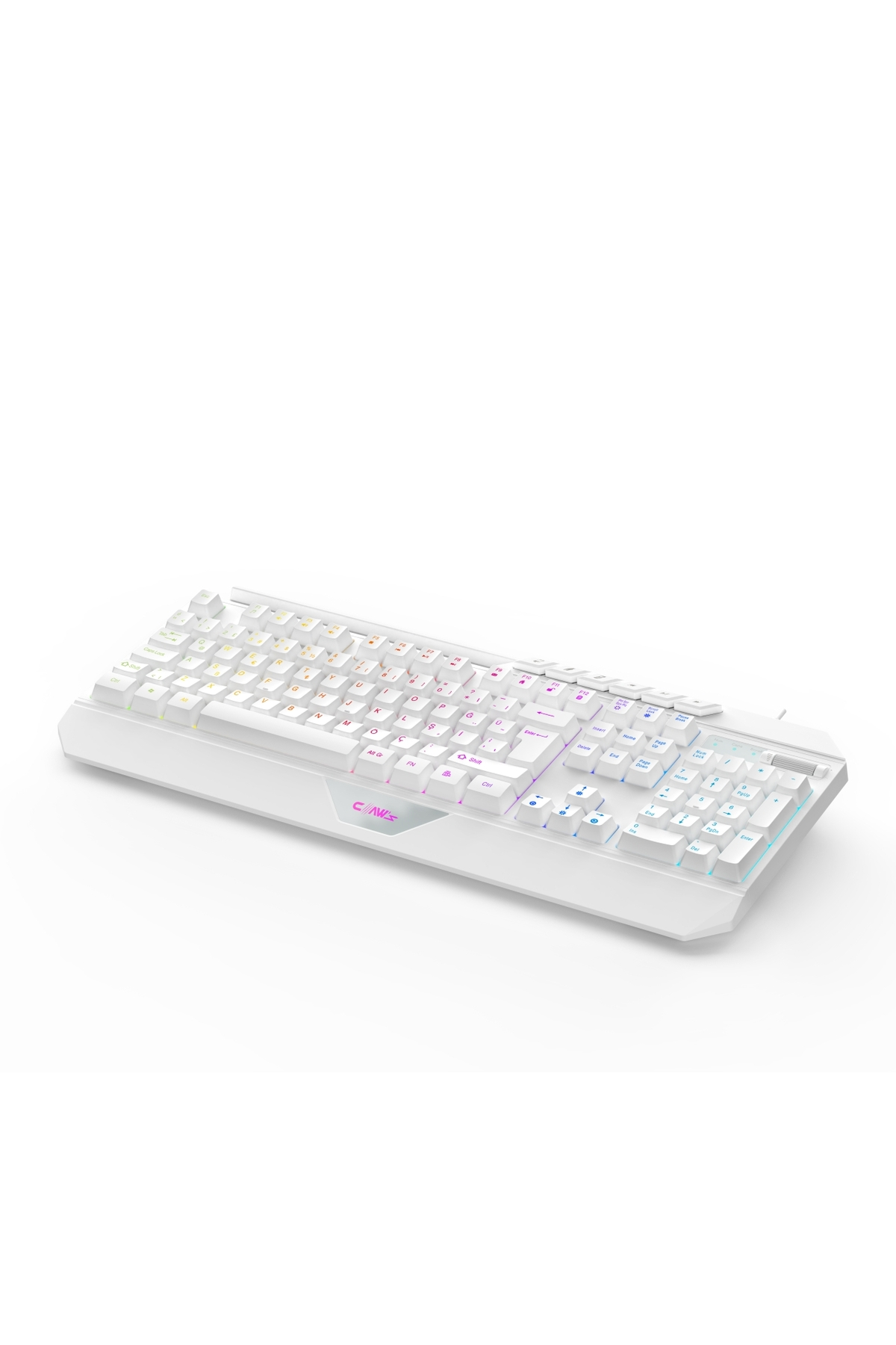 RGB aydınlatmalı beyaz bir klavye beyaz arka plan üzerinde gösterilmektedir.