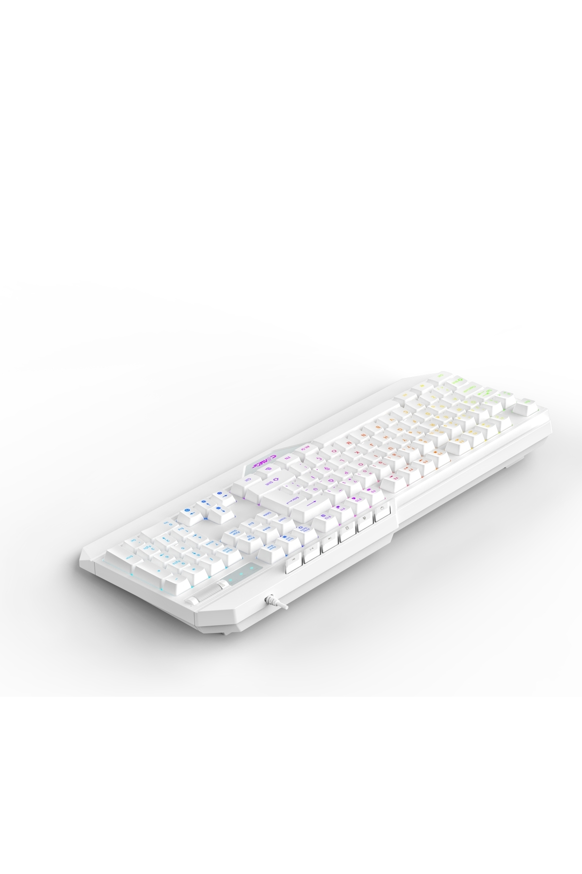 Beyaz arka plan üzerinde RGB aydınlatmalı tuşlara sahip beyaz oyuncu klavyesi.