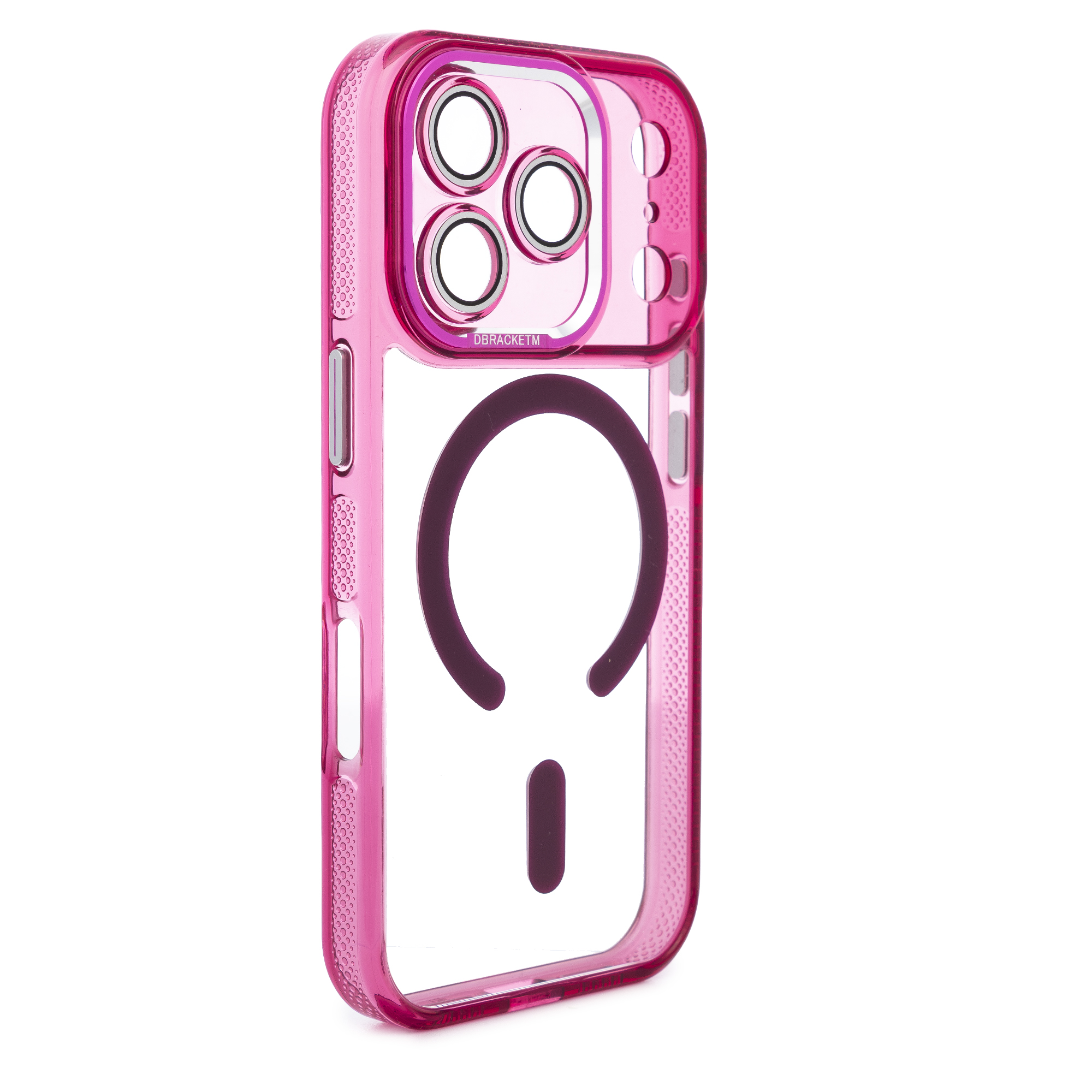 Custodia trasparente rosa per telefono con ritaglio fotocamera e anello magnetico.