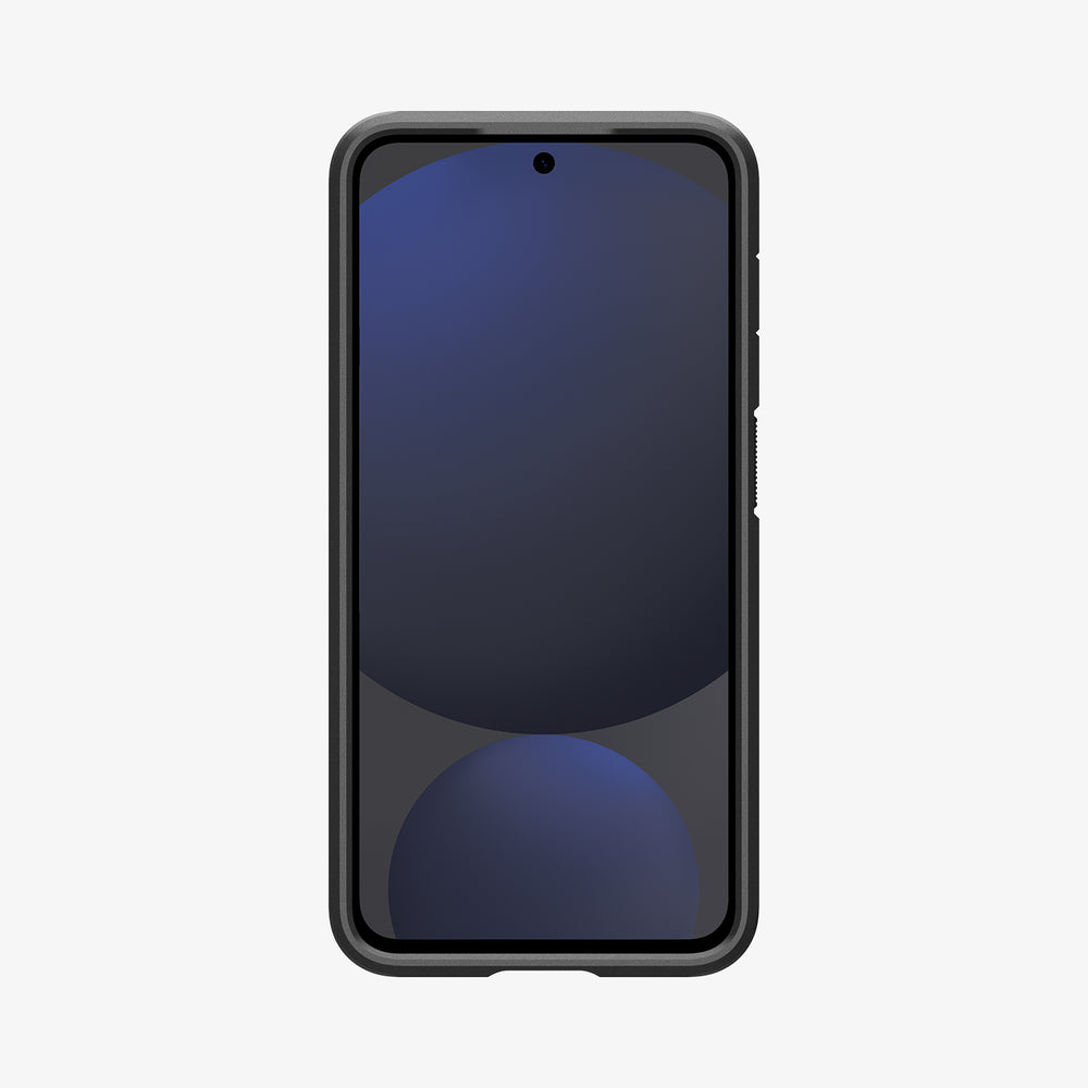 Uno smartphone nero con schermo scuro che mostra due cerchi blu.