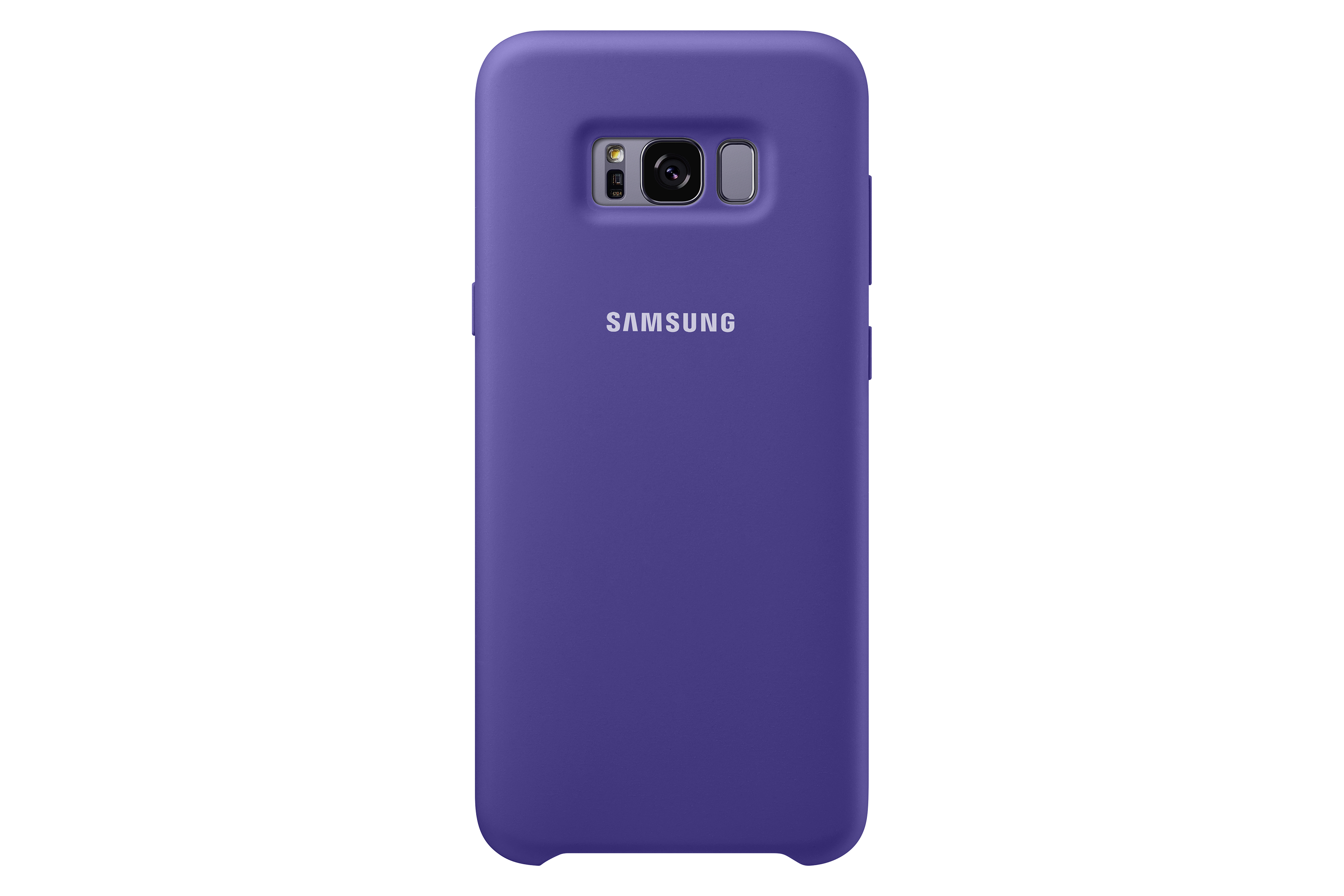 Custodia viola Samsung con ritaglio fotocamera e logo.