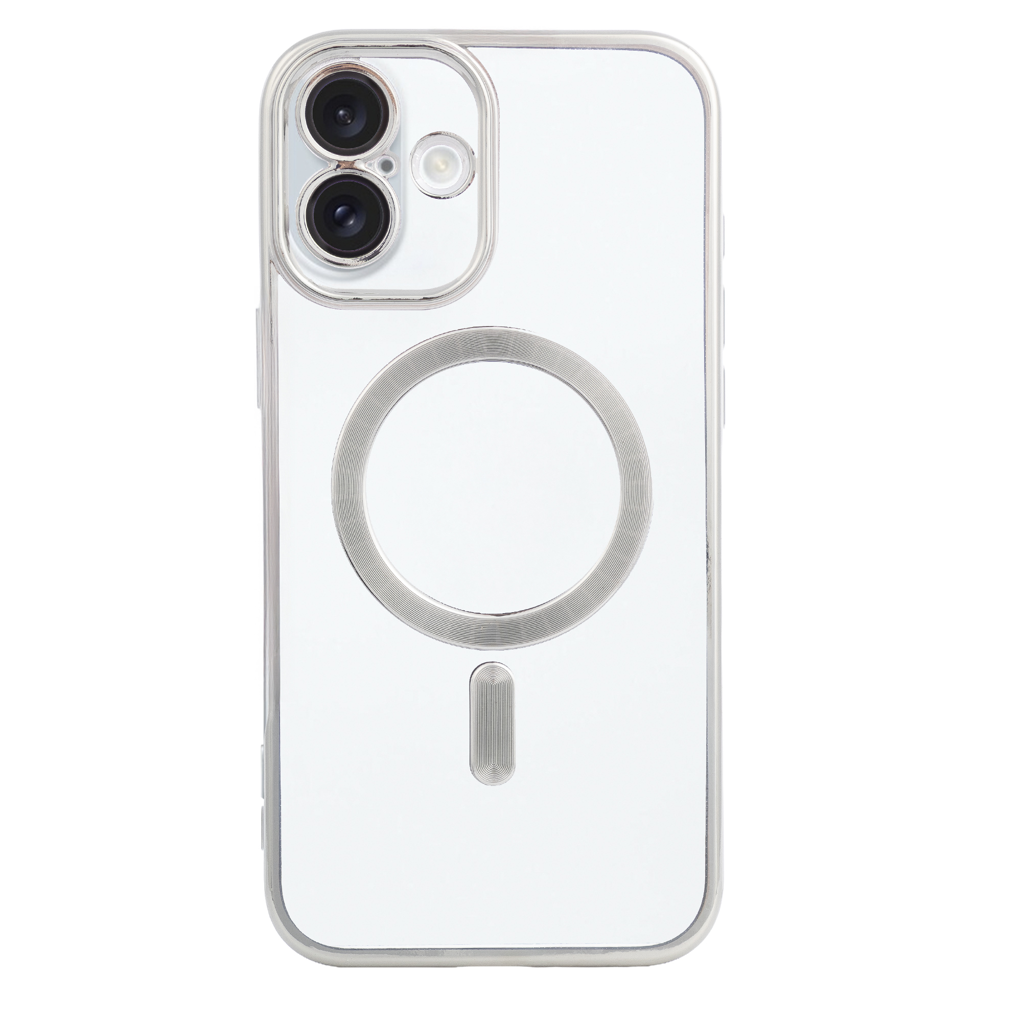 Custodia trasparente con due fotocamere, anello magnetico rotondo e ovale.
