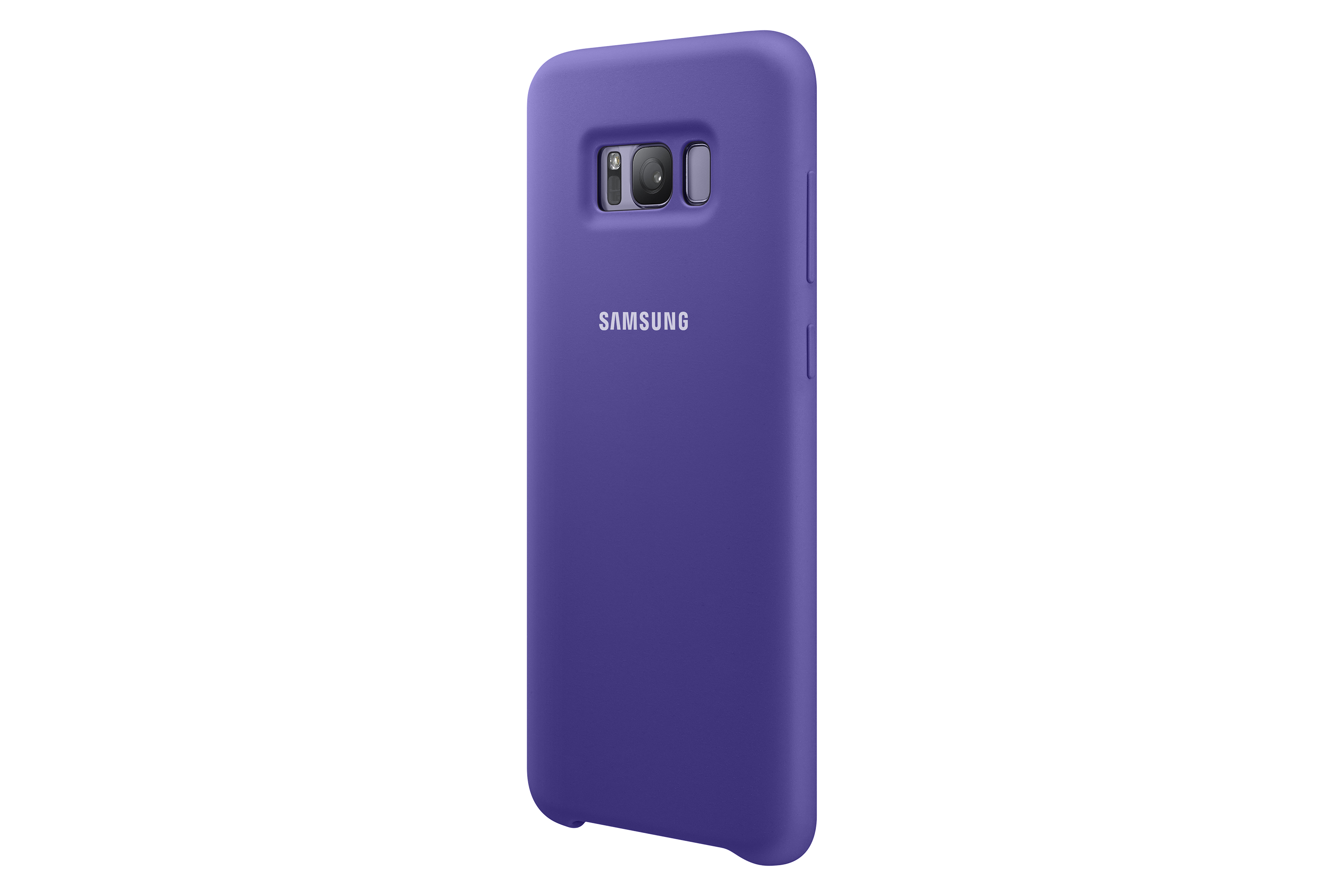 Custodia viola Samsung con foro per fotocamera e logo.