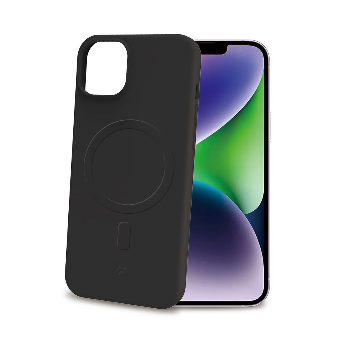Funda negra para teléfono con anillo MagSafe delante de un iPhone con fondo colorido.