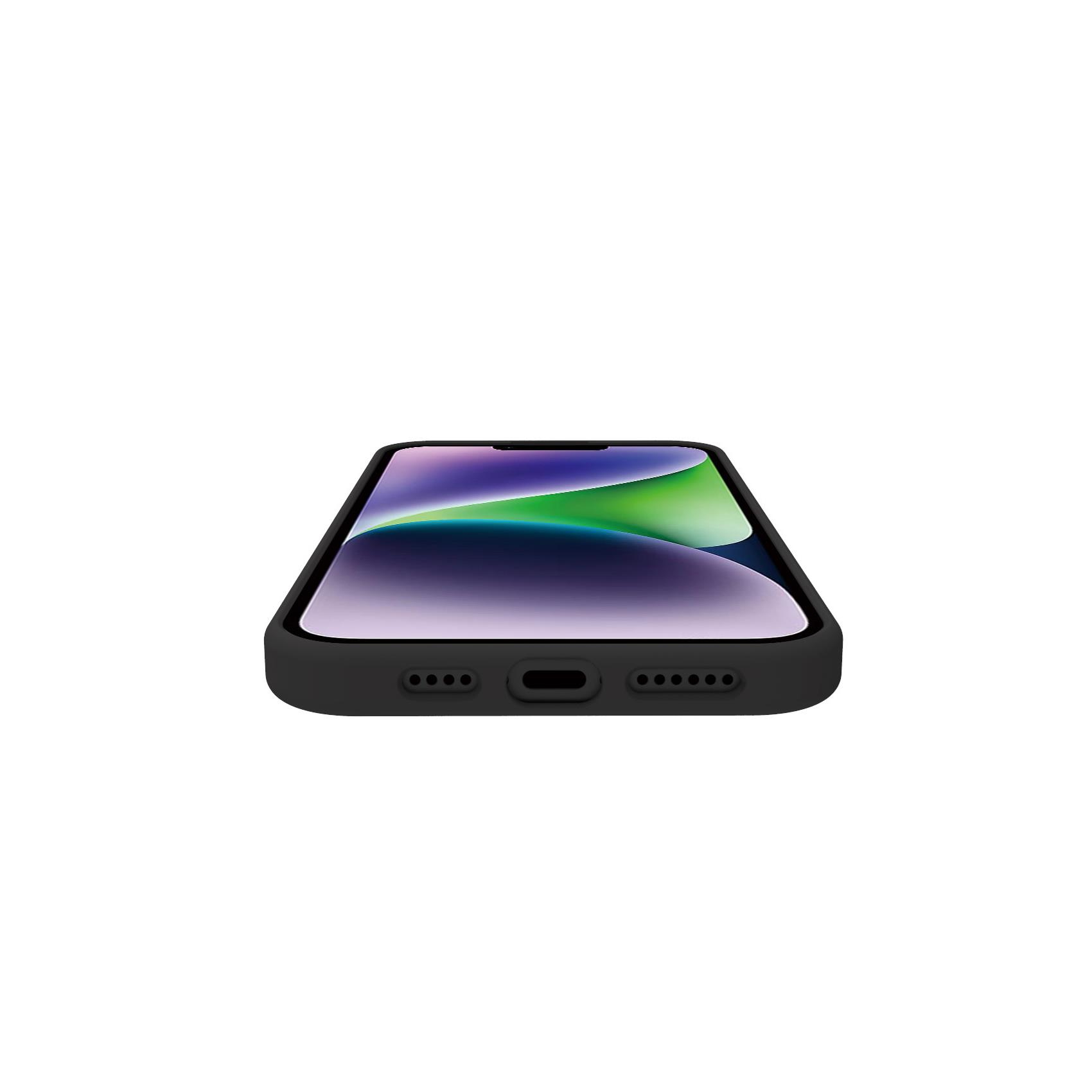 Un smartphone negro con un fondo de pantalla colorido, visto de lado.