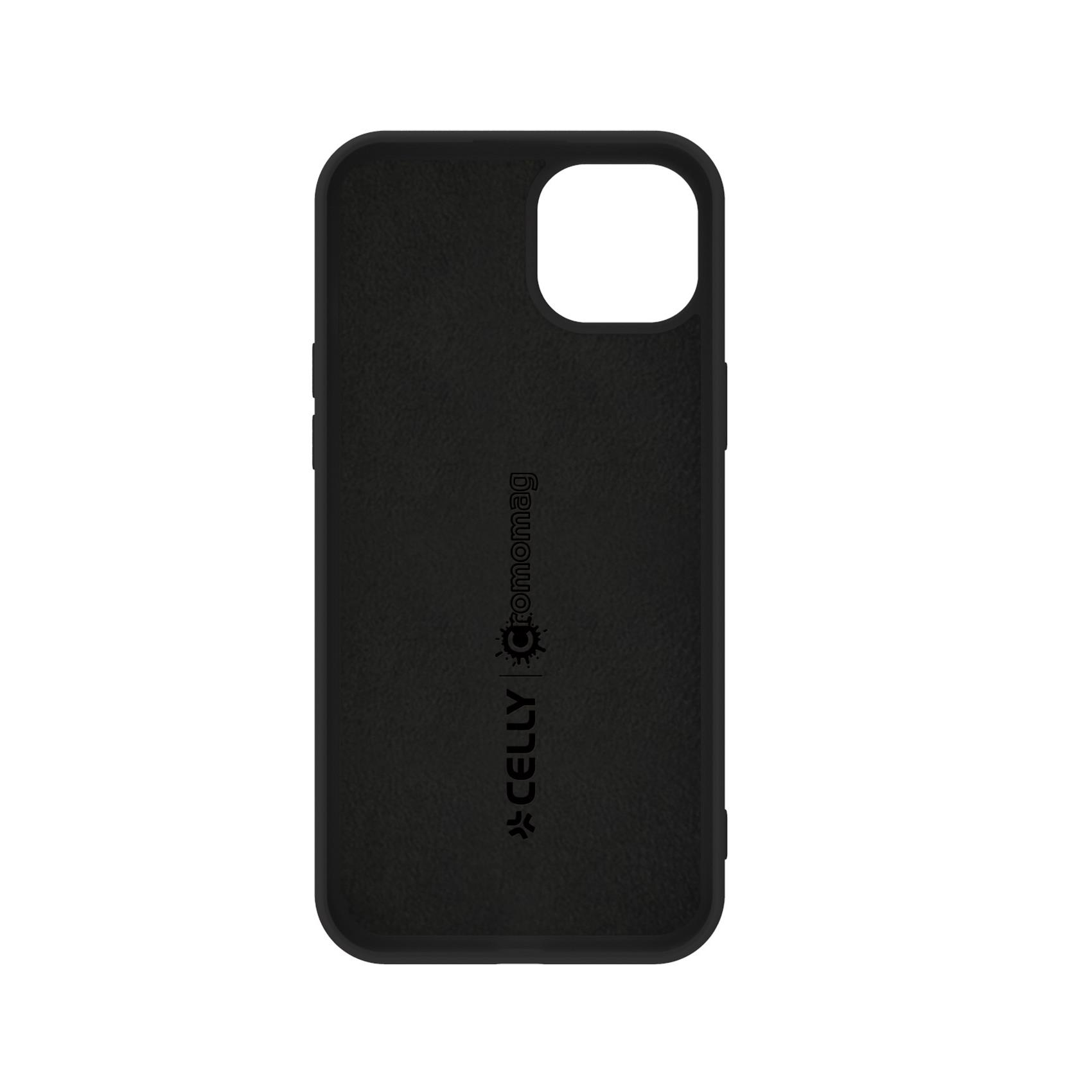 Funda negra para teléfono con logo Celly y marca Mag.