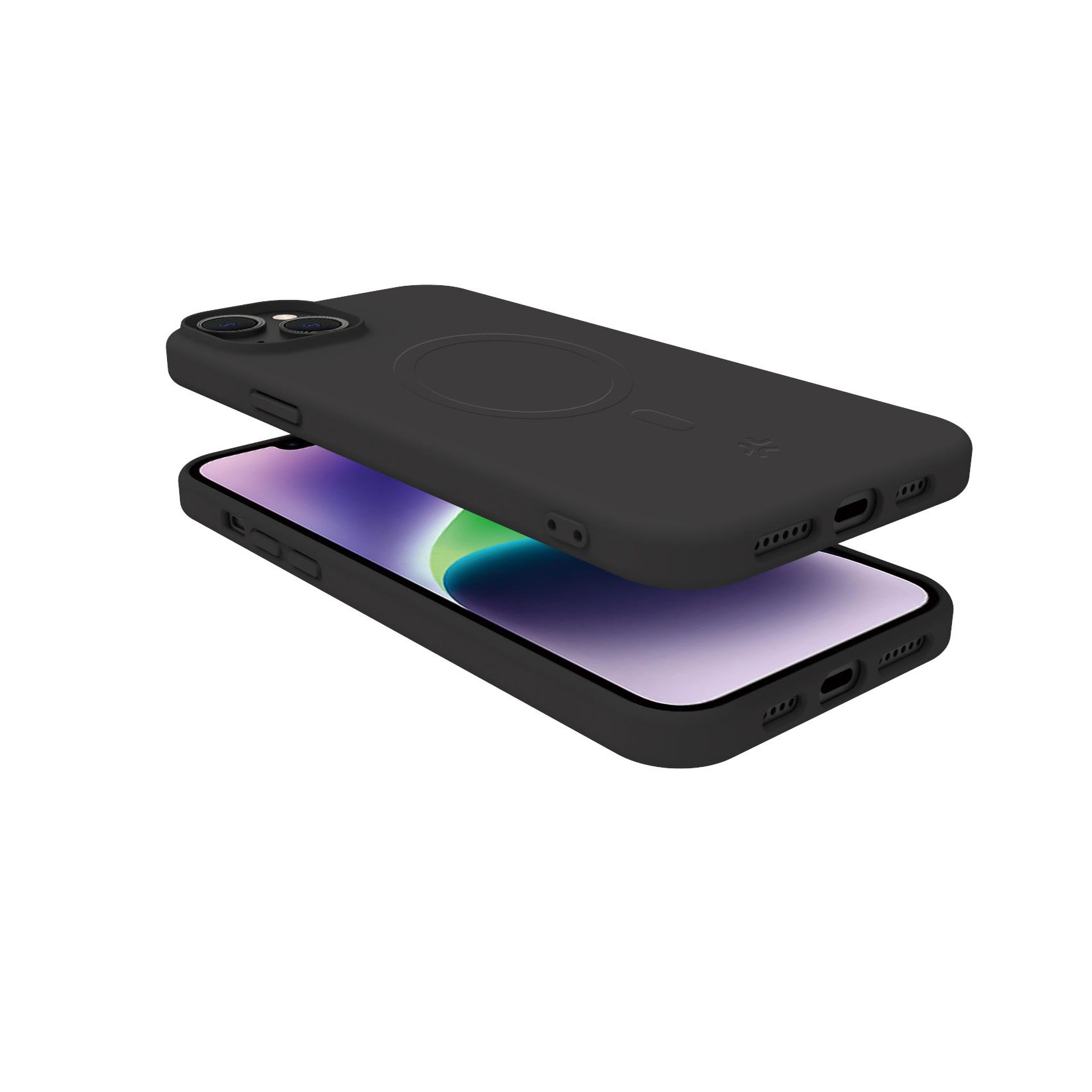 Teléfono negro con funda, primer plano de cámara y puertos. Fondo blanco.